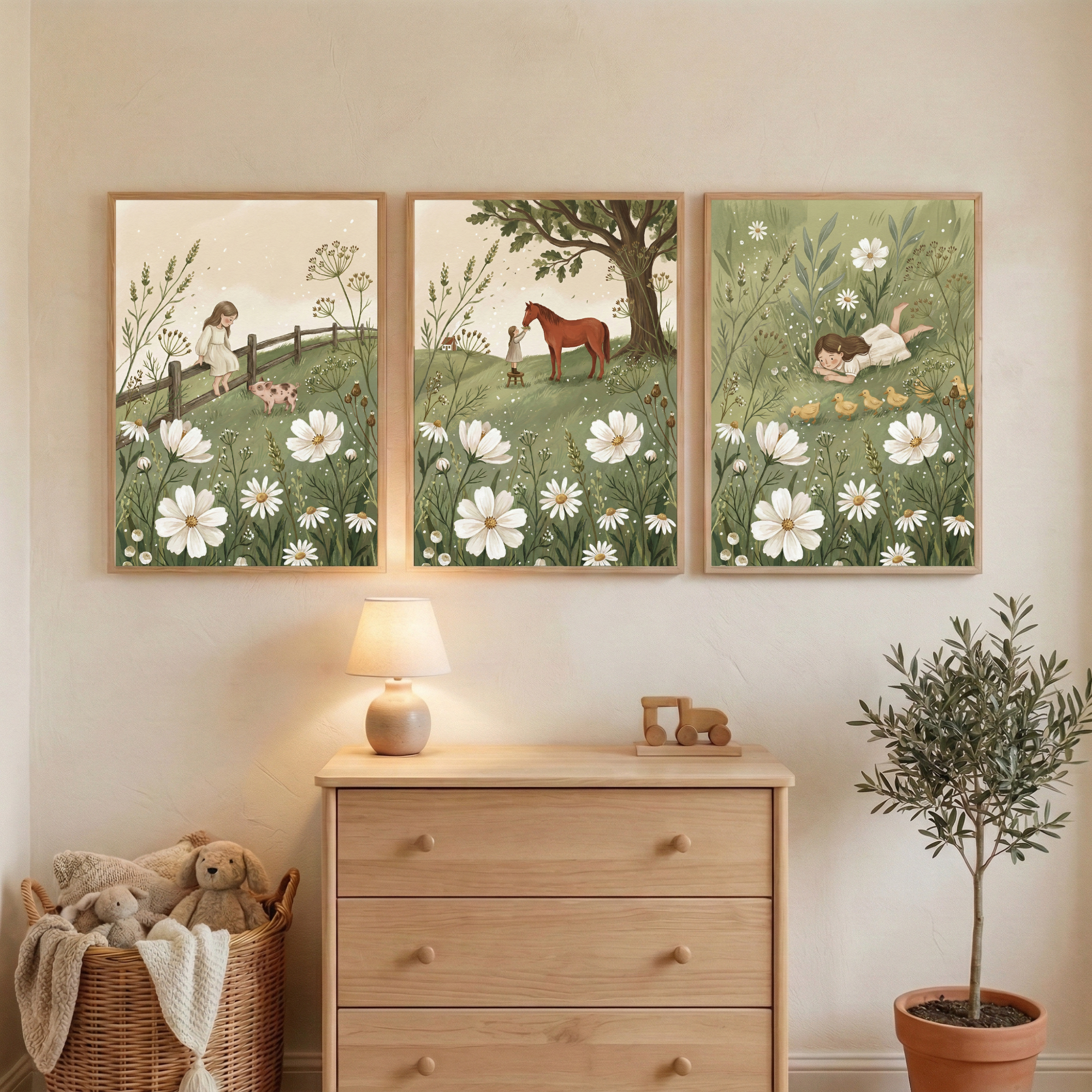 Vintage Wildflower Girl Print Set of 3 - Whimsical Meadow Dreams