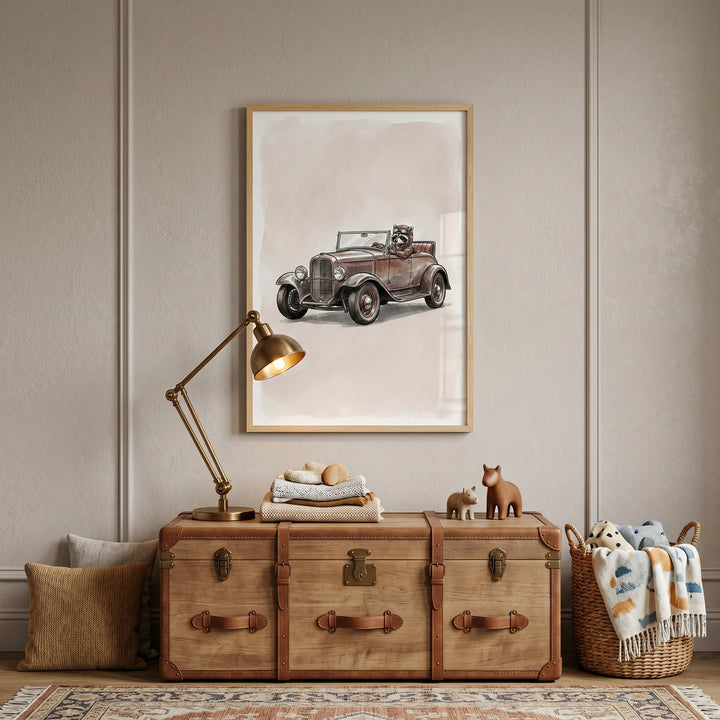 Vintage goggles driving raccoon wall art hangs over a wooden trunk in a nursery with a brass lamp and wicker basket.