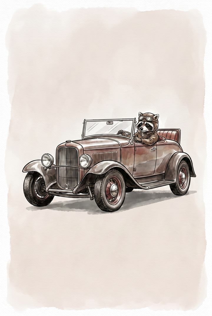 Vintage goggles driving raccoon wall art features a raccoon in an aviator cap steering a classic brown roadster.