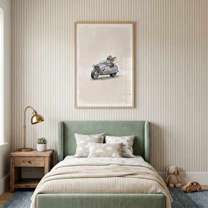 Vintage goggles racing mouse wall art hangs above a green bed with striped wallpaper, a gold lamp, and a wooden nightstand.