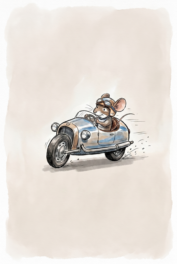 A mouse in a helmet drives a blue three-wheeled car in this watercolor vintage goggles racing mouse wall art.