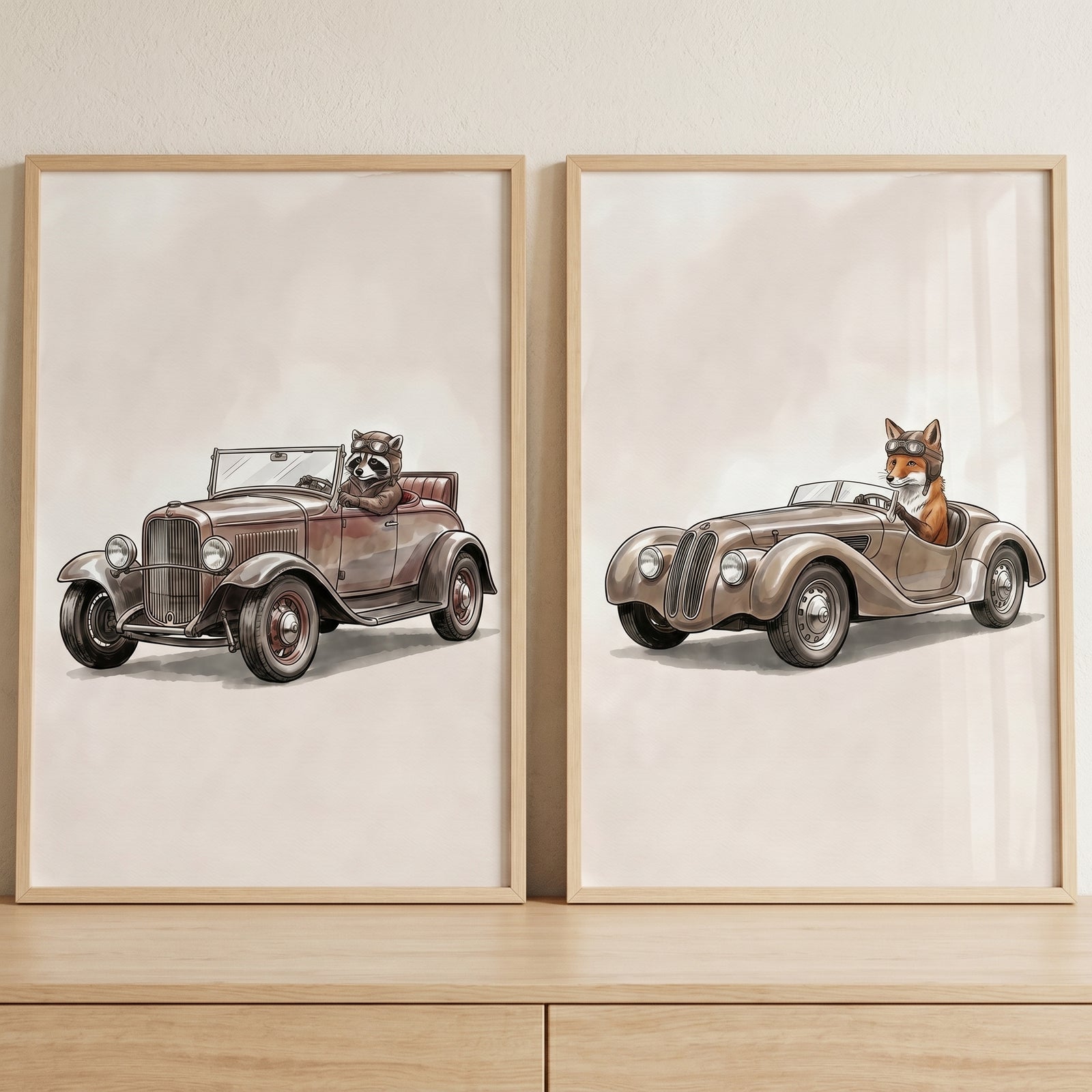 Raccoon and fox drive classic cars in this vintage goggles woodland animal car wall art set of 2.