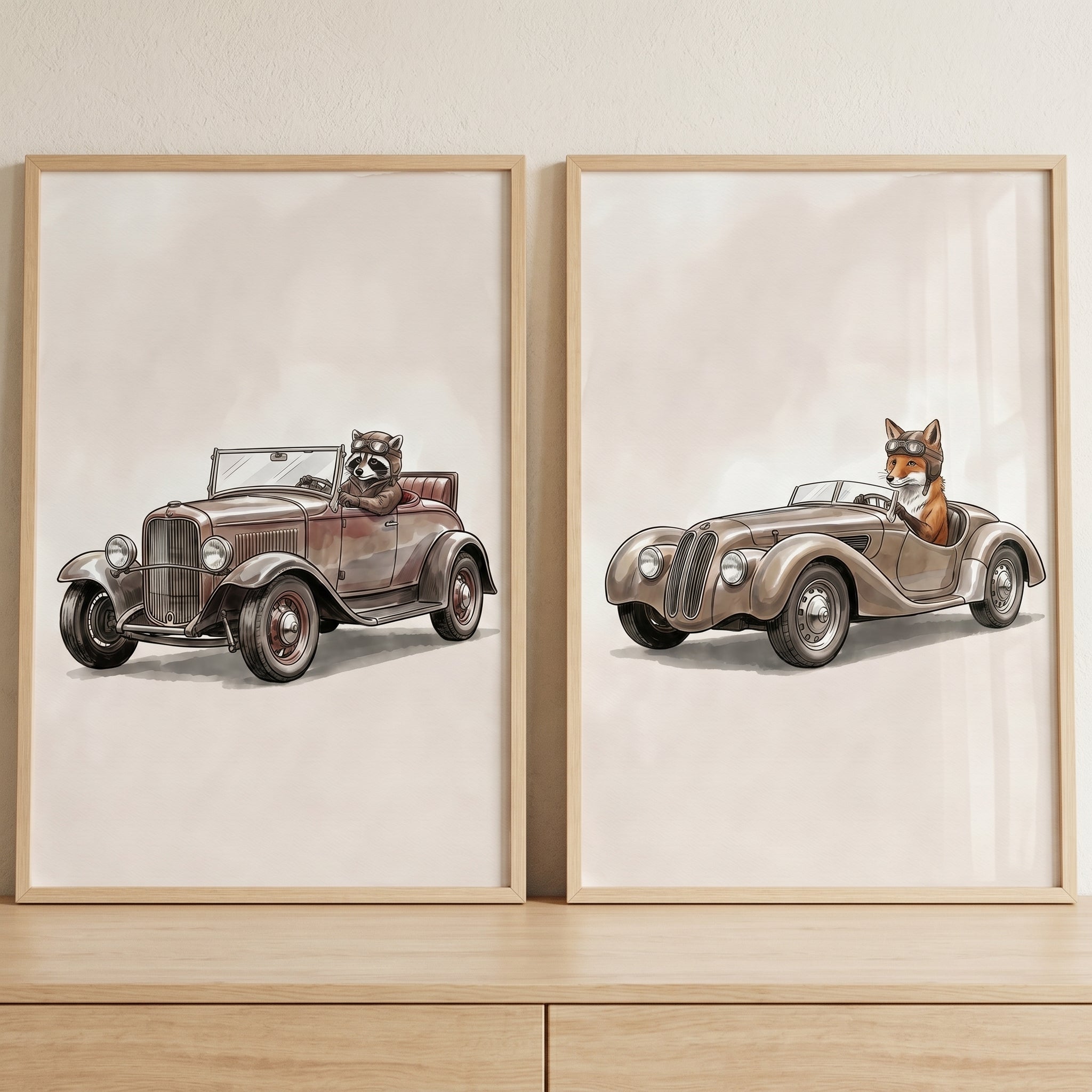 Vintage Goggles Woodland Animal Car Wall Art Set of 2 - Woodland Roadsters