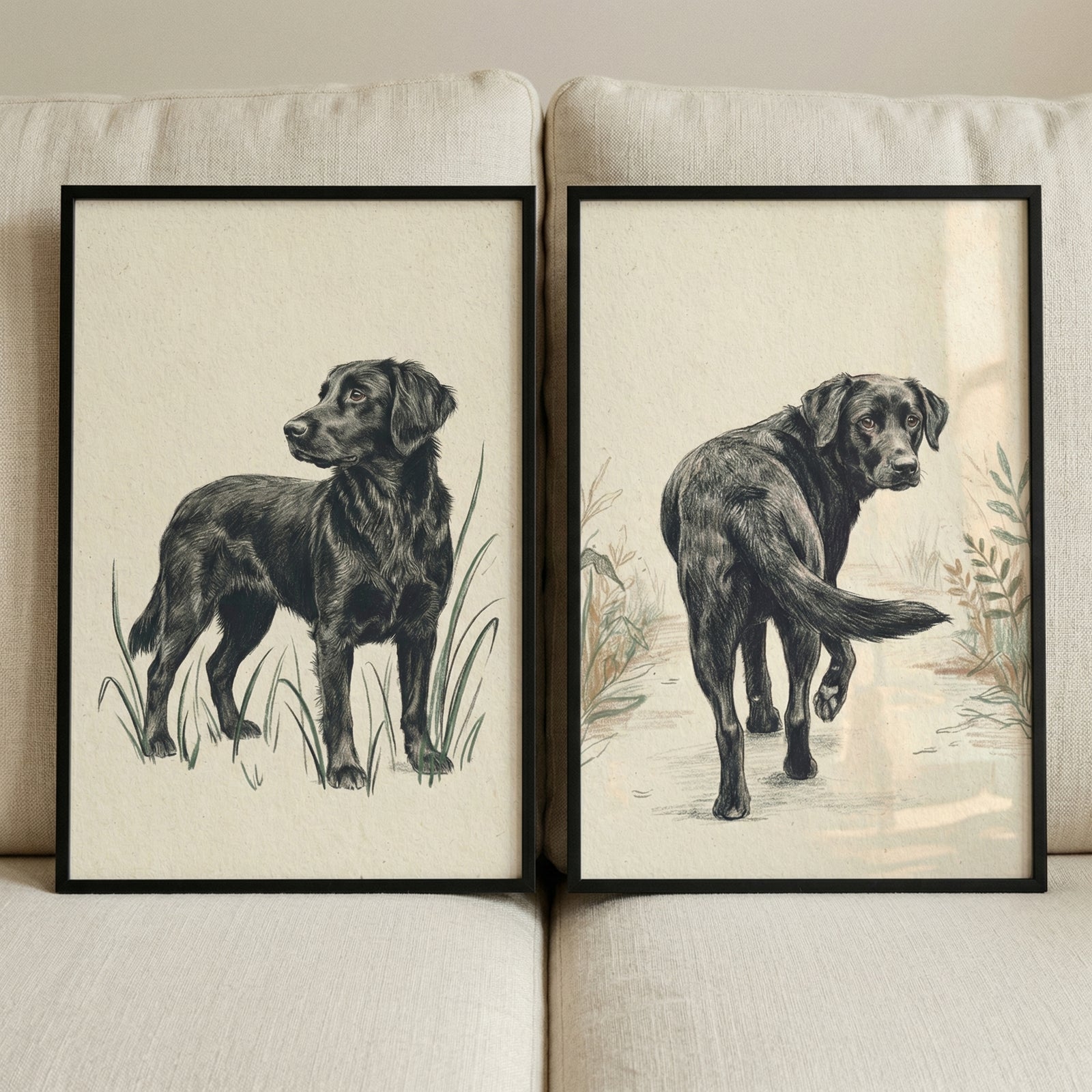 Two thin black rectangular frames rest side-by-side against the back of a beige fabric couch. Each frame contains a black-and-white line-drawn illustration of a black labrador dog on a textured, off-white background. 
