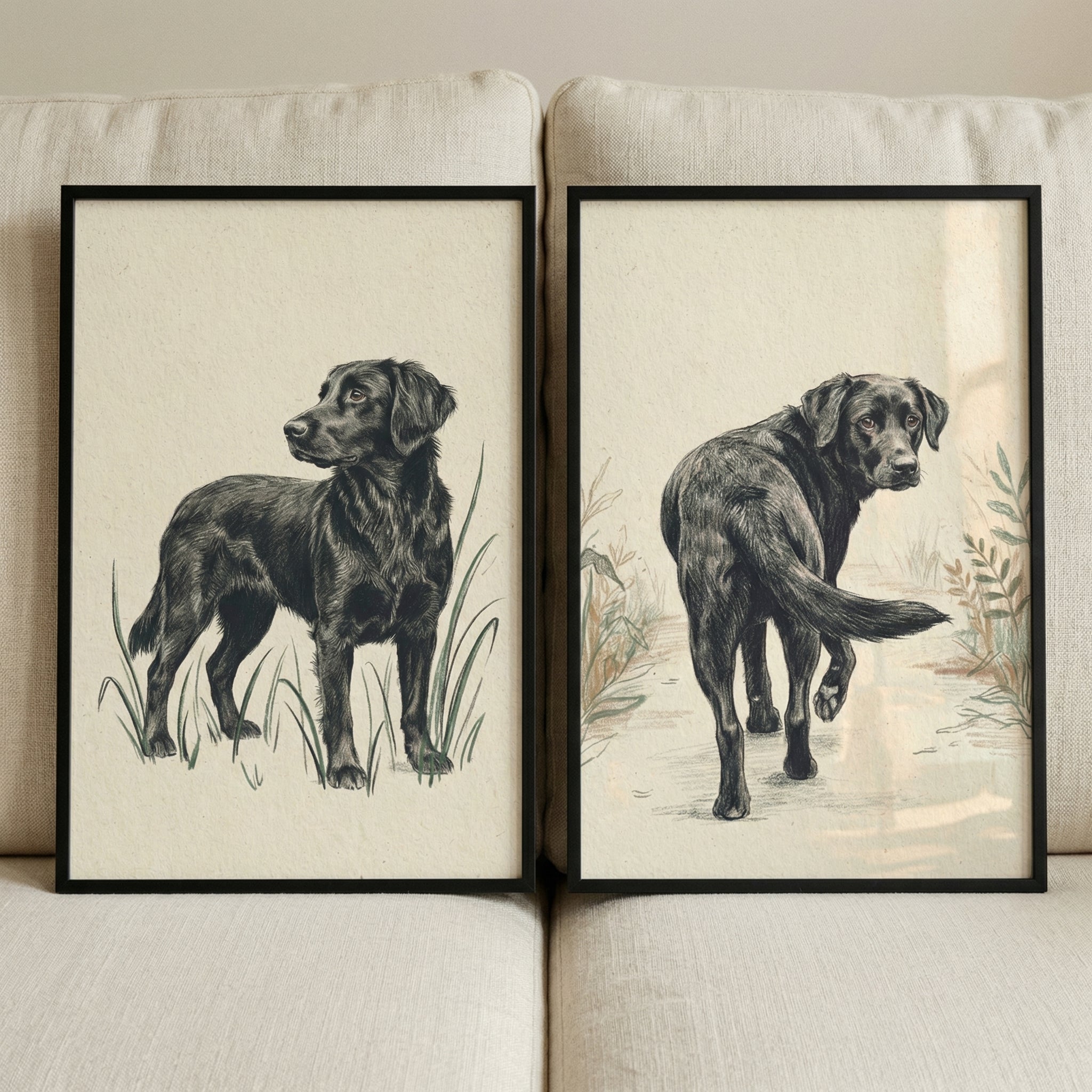 Vintage Graphite Black Retriever Wall Art Set of 2 - Loyal Retriever Duo