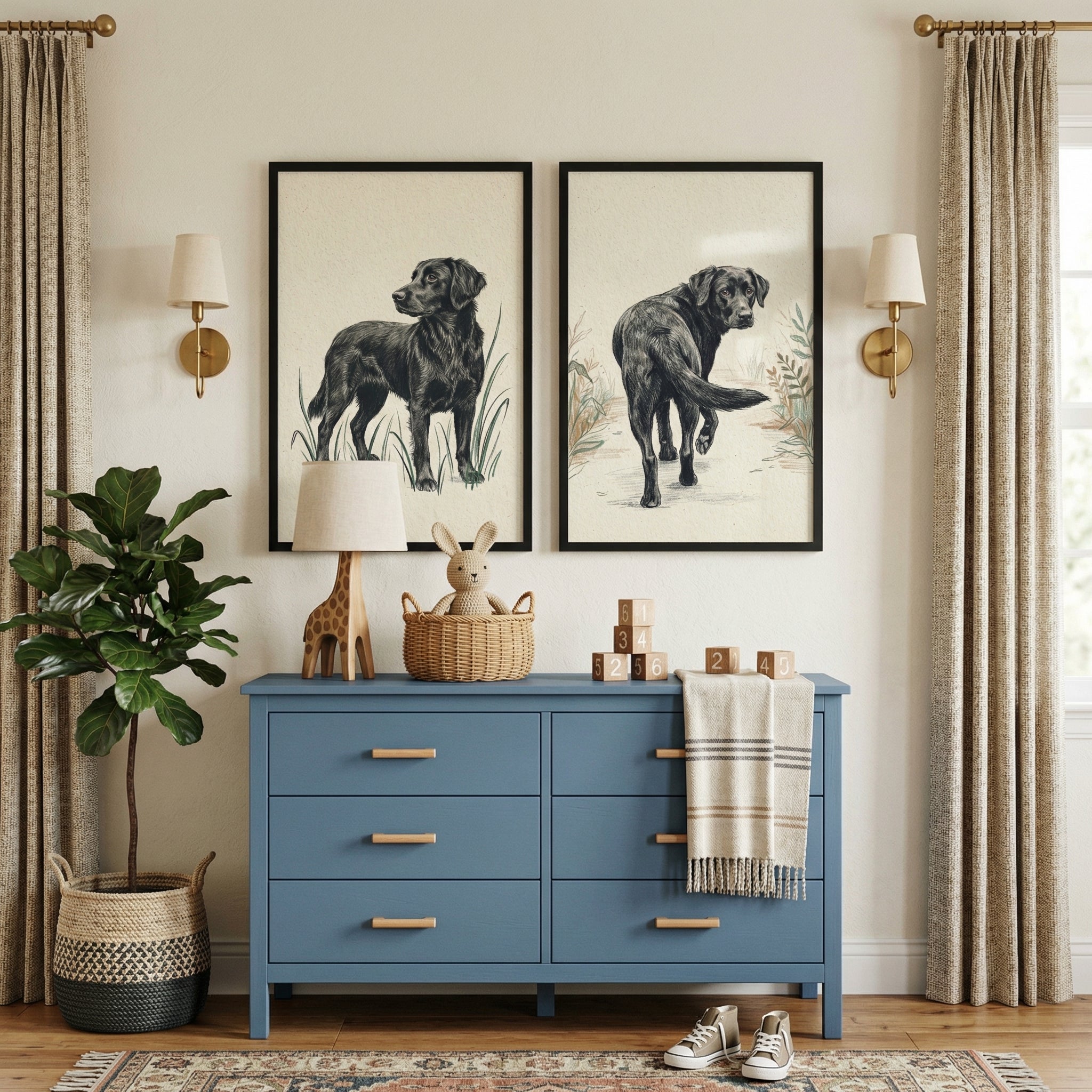 Vintage Graphite Black Retriever Wall Art Set of 2 - Loyal Retriever Duo