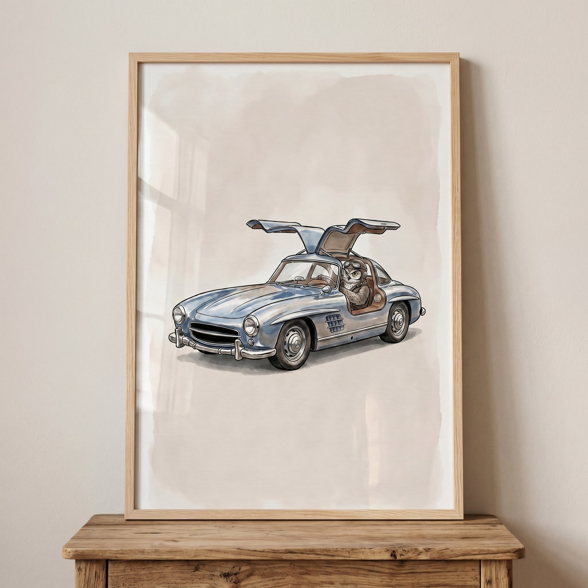 Vintage Gullwing Car Owl Wall Art - Wise Aviator Drive