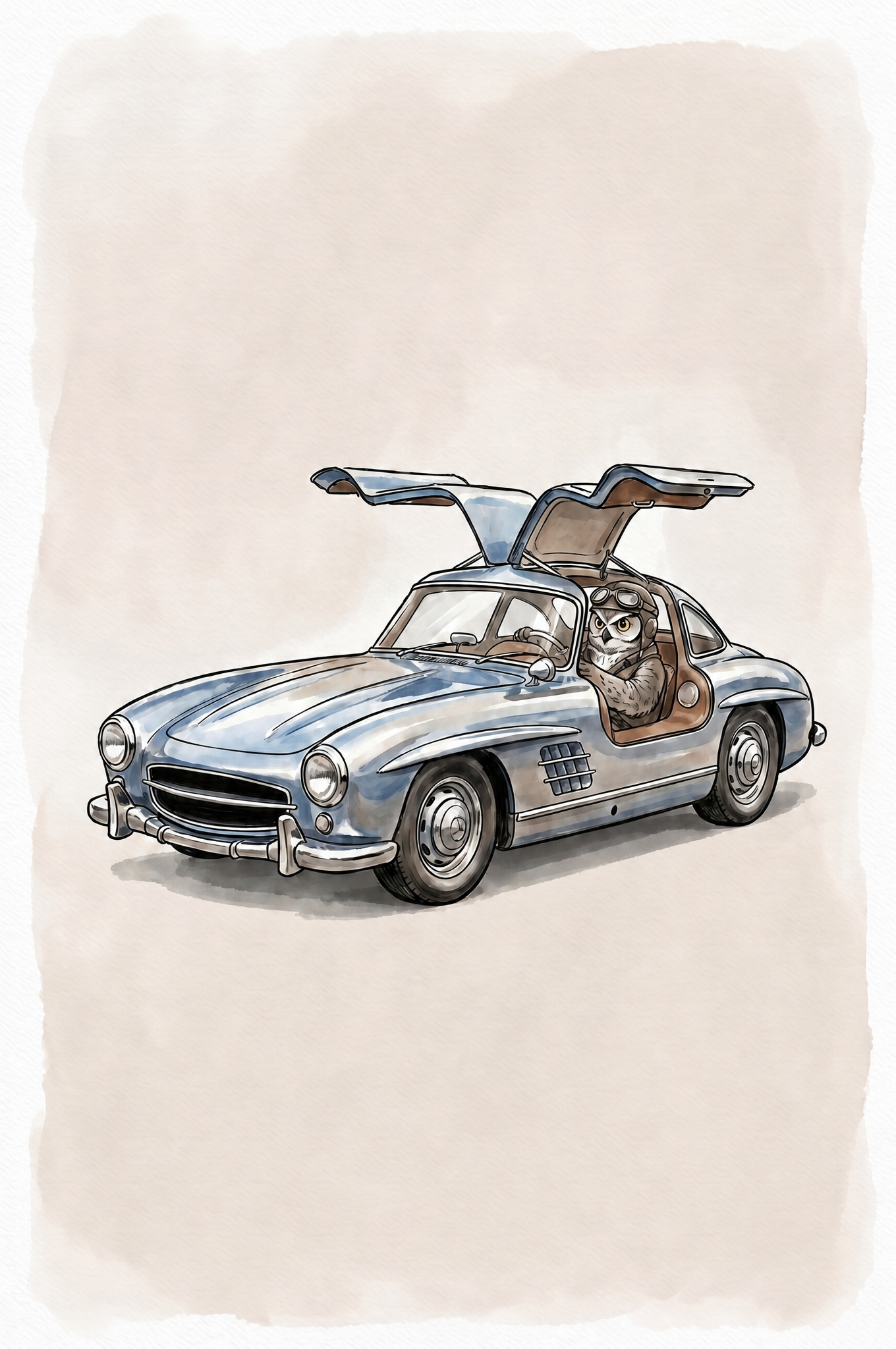 Vintage Gullwing Car Owl Wall Art - Wise Aviator Drive