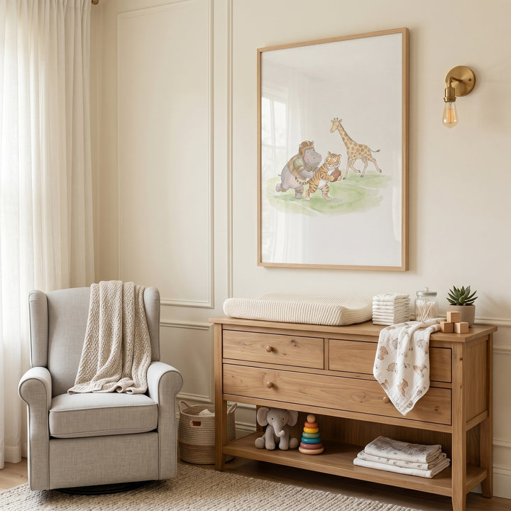 Nursery with a grey armchair and wooden dresser below vintage helmet football animals wall art.