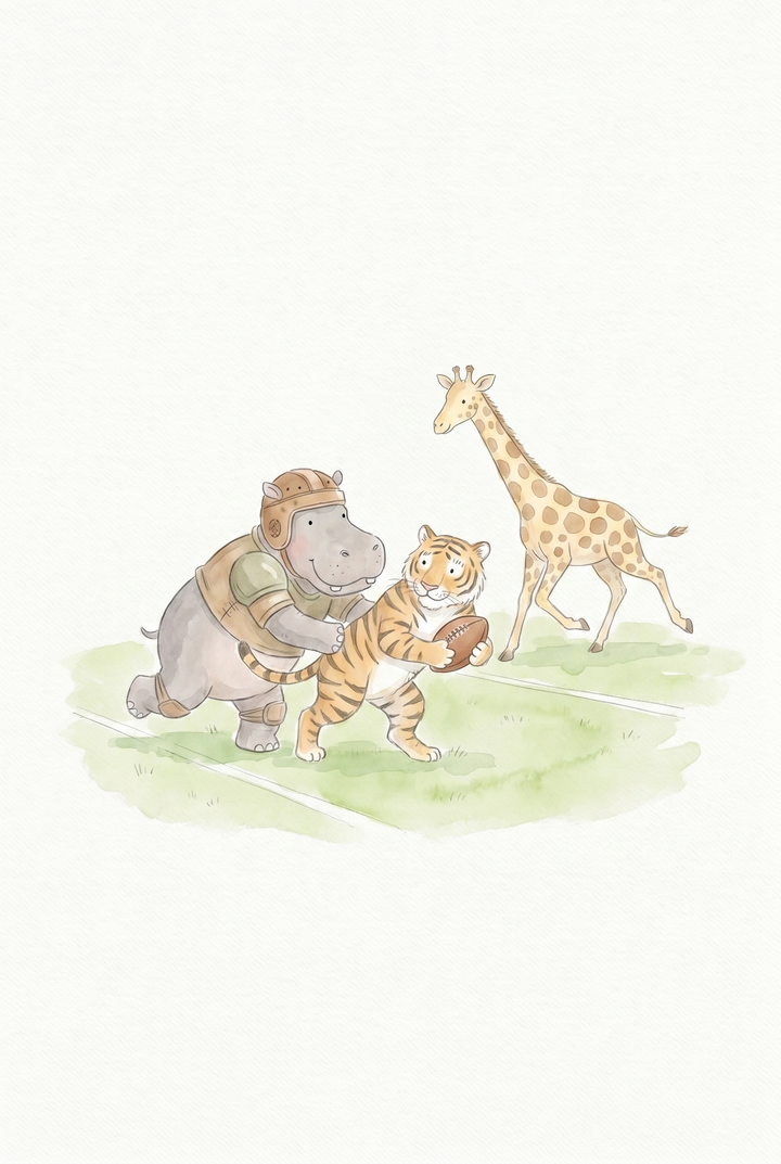 Watercolor hippo, tiger, and giraffe play on a field in this vintage helmet football animals wall art.