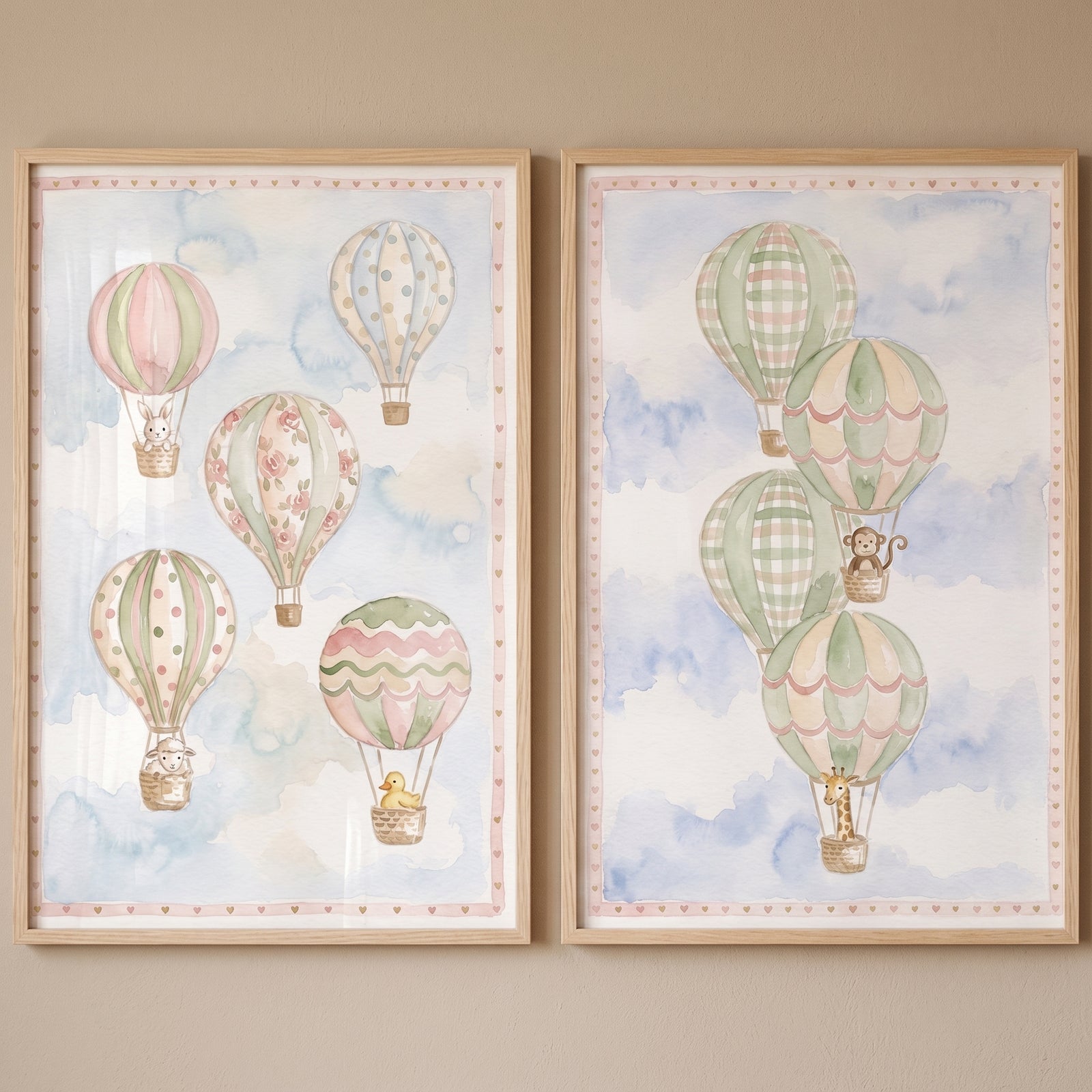 Vintage hot air balloon wall art set of 2 with watercolor animals and pastel patterns against a light blue cloudy sky.