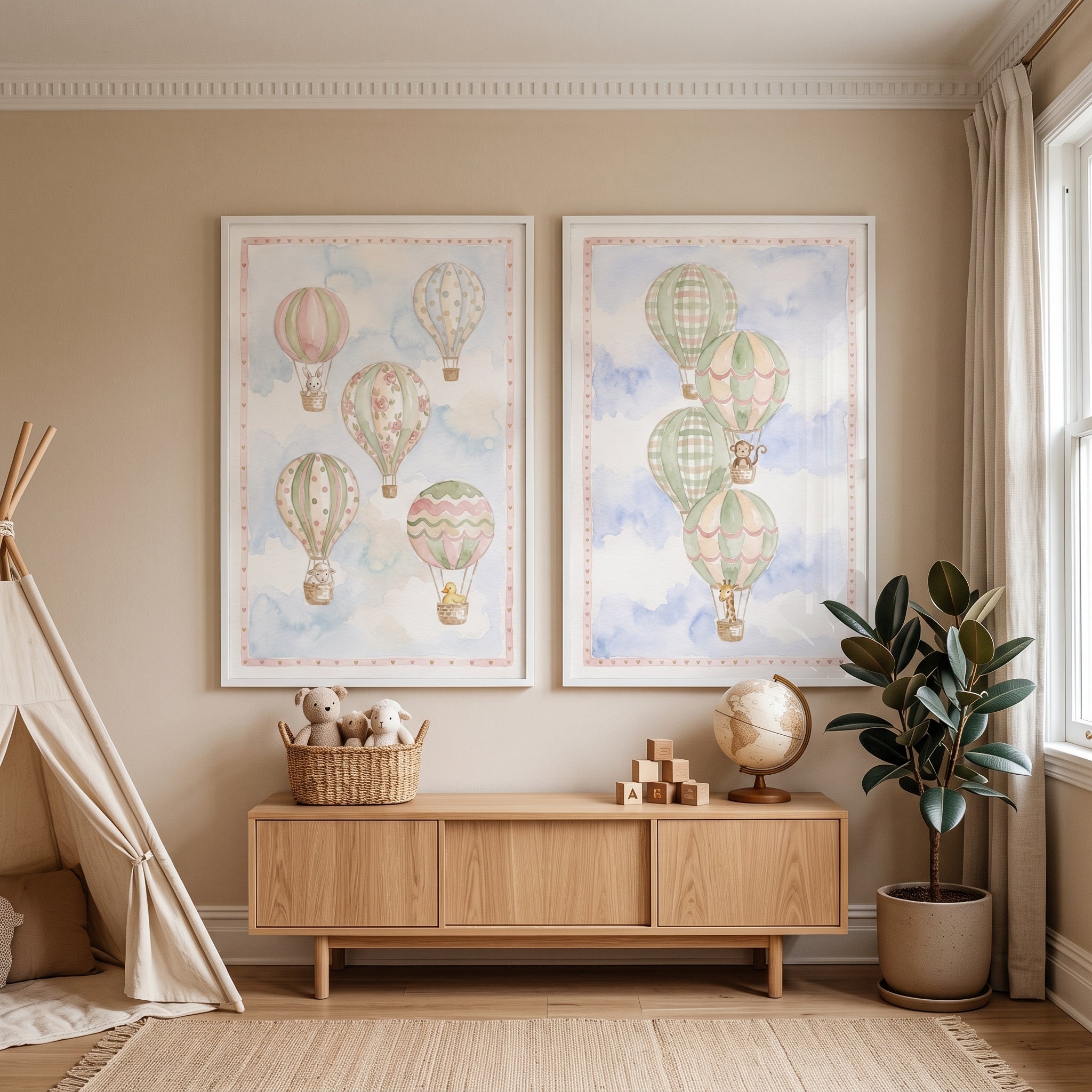 Vintage Hot Air Balloon Wall Art Set Of 2 - Whimsical Sky Journey