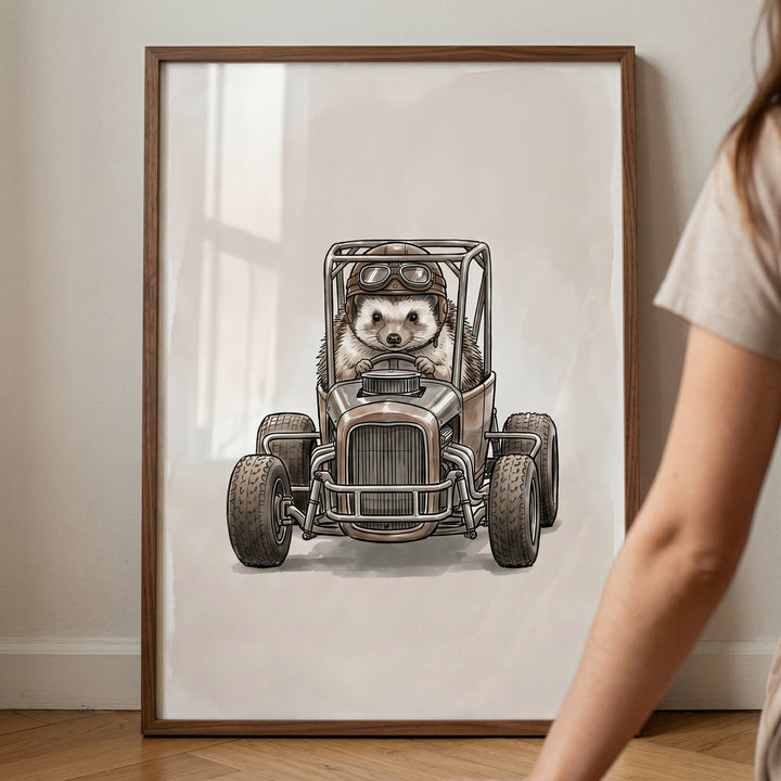 Vintage hot rod hedgehog wall art in a brown frame showing a hedgehog in racing gear driving a custom vehicle.