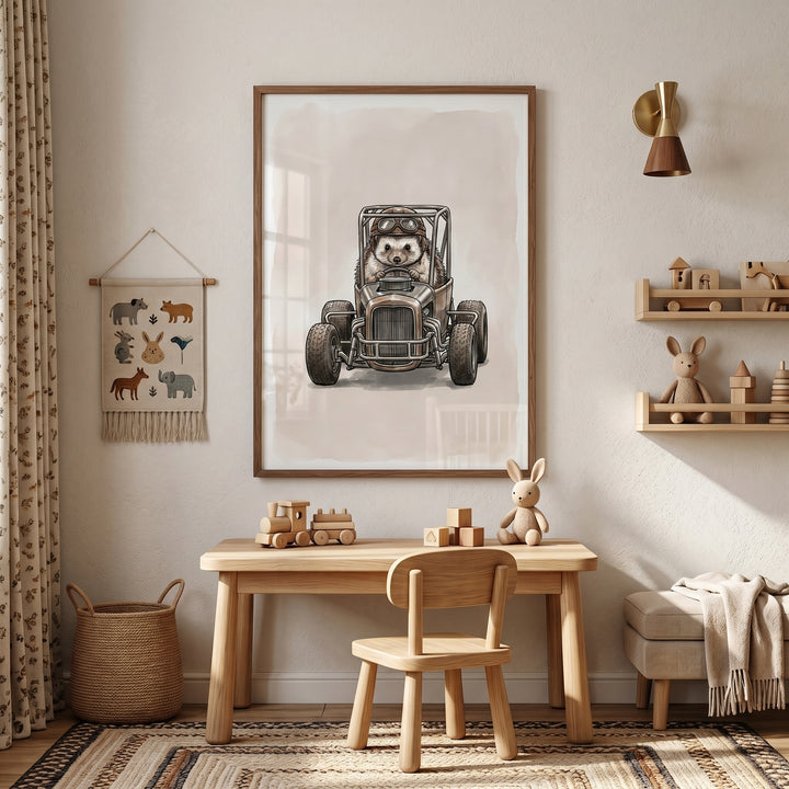 Neutral nursery featuring vintage hot rod hedgehog wall art above a wooden desk, chair, and shelves with toys.