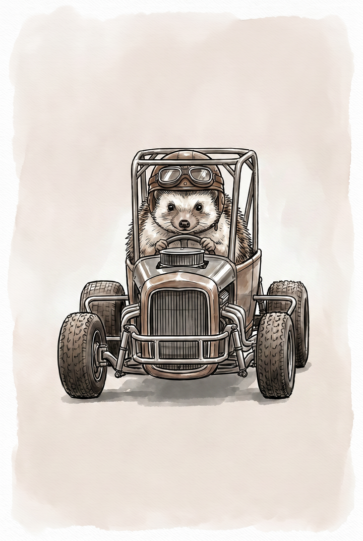 Hedgehog wearing goggles and an aviator helmet drives a customized car, vintage hot rod hedgehog wall art.