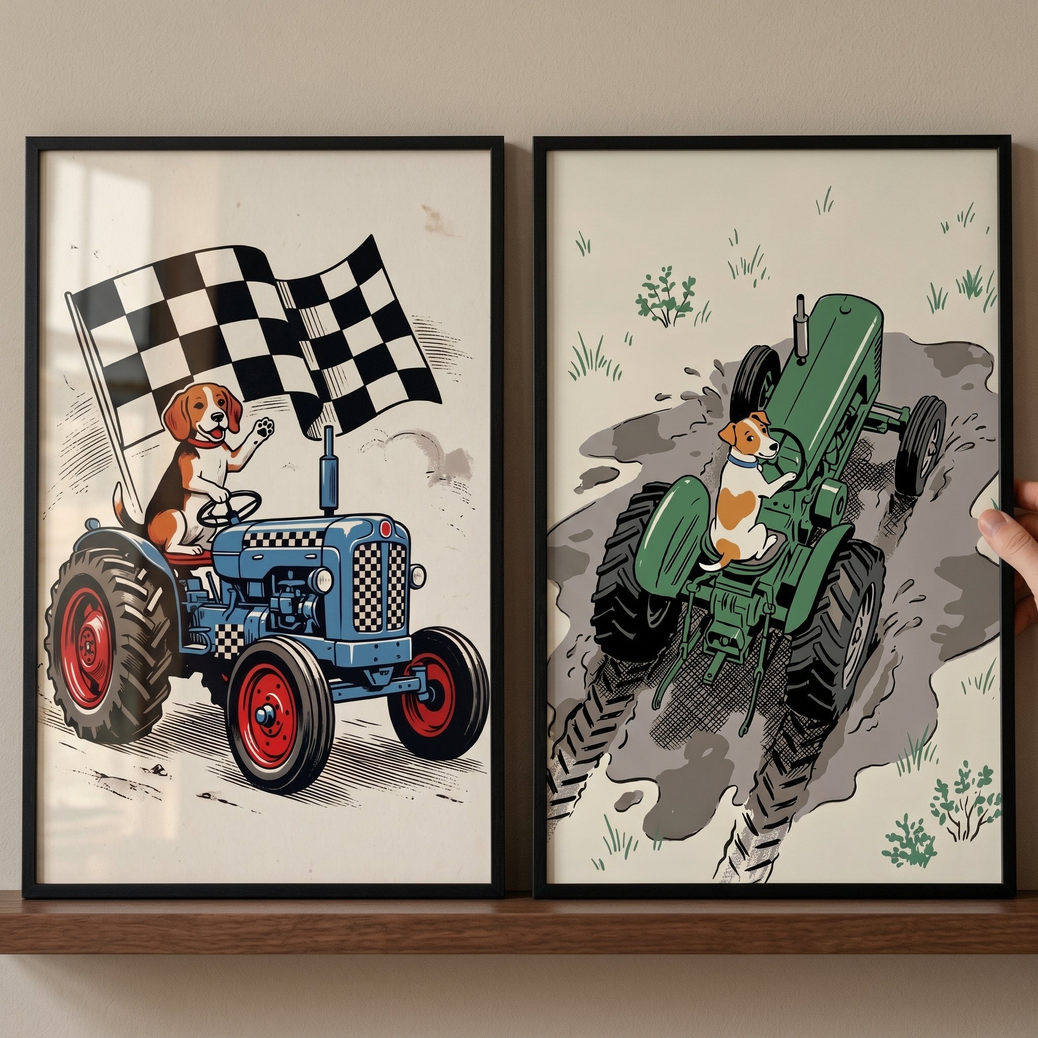 Vintage Illustrated Tractor Dog Wall Art Set of 2 - Puppy Farm Drive