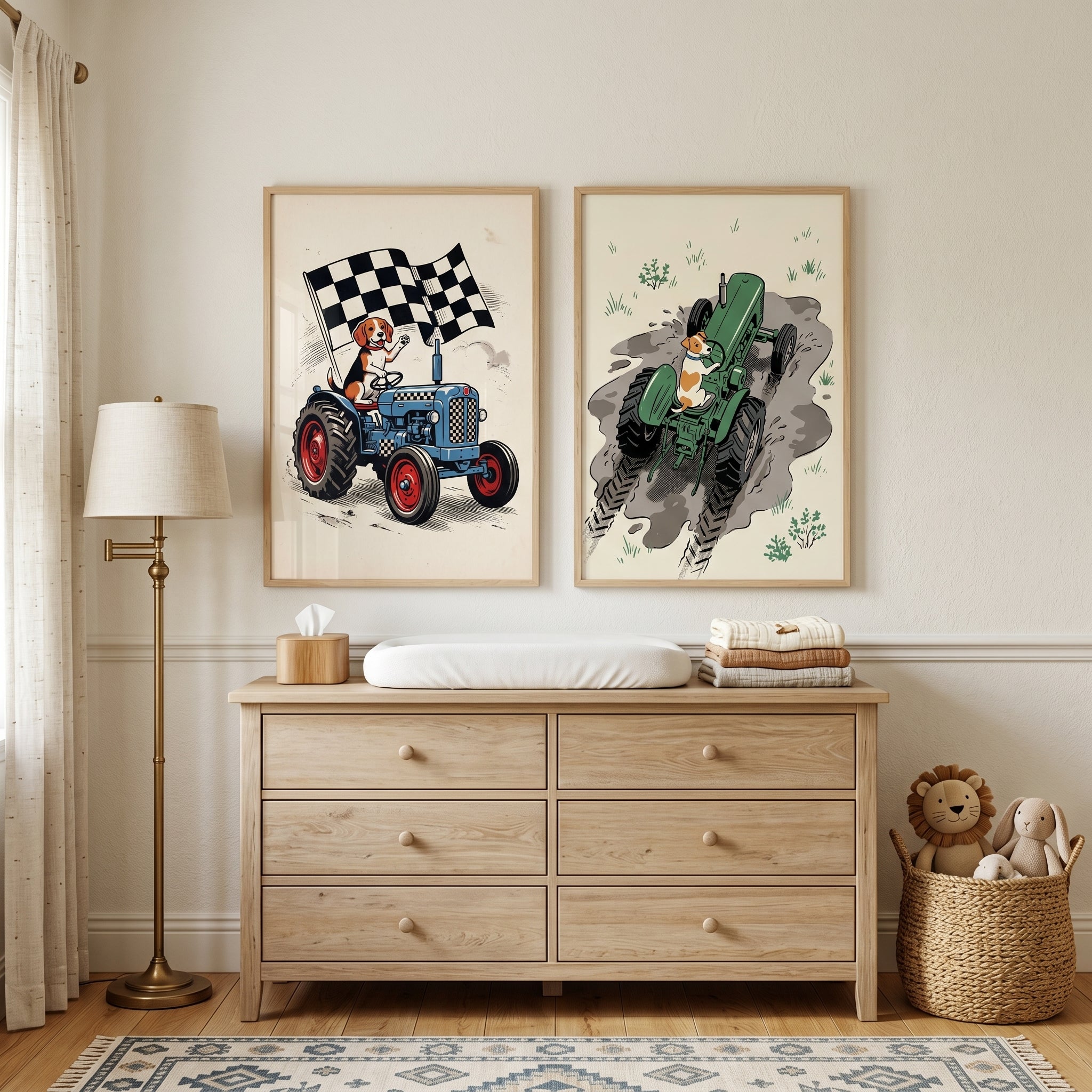Vintage Illustrated Tractor Dog Wall Art Set of 2 - Puppy Farm Drive