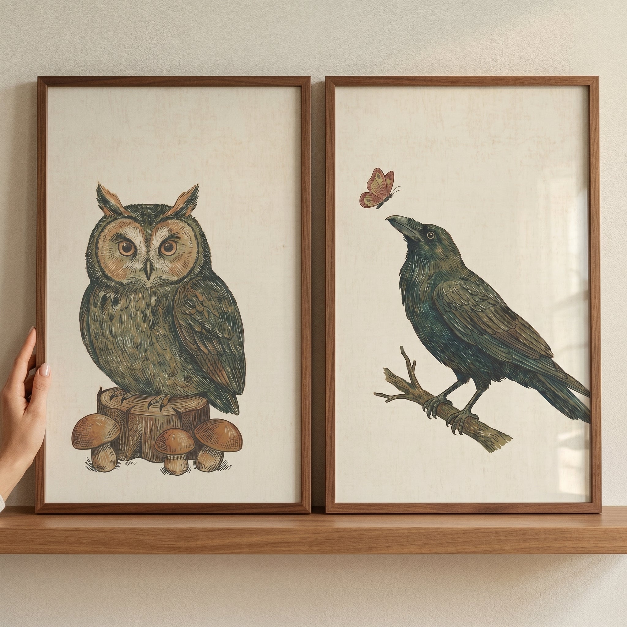 Vintage Illustrated Woodland Birds Wall Art Set of 2 - Woodland Watchers