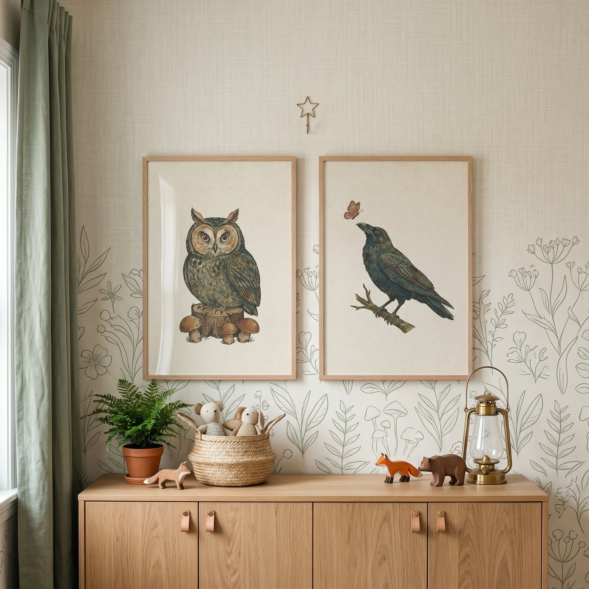 Vintage Illustrated Woodland Birds Wall Art Set of 2 - Woodland Watchers