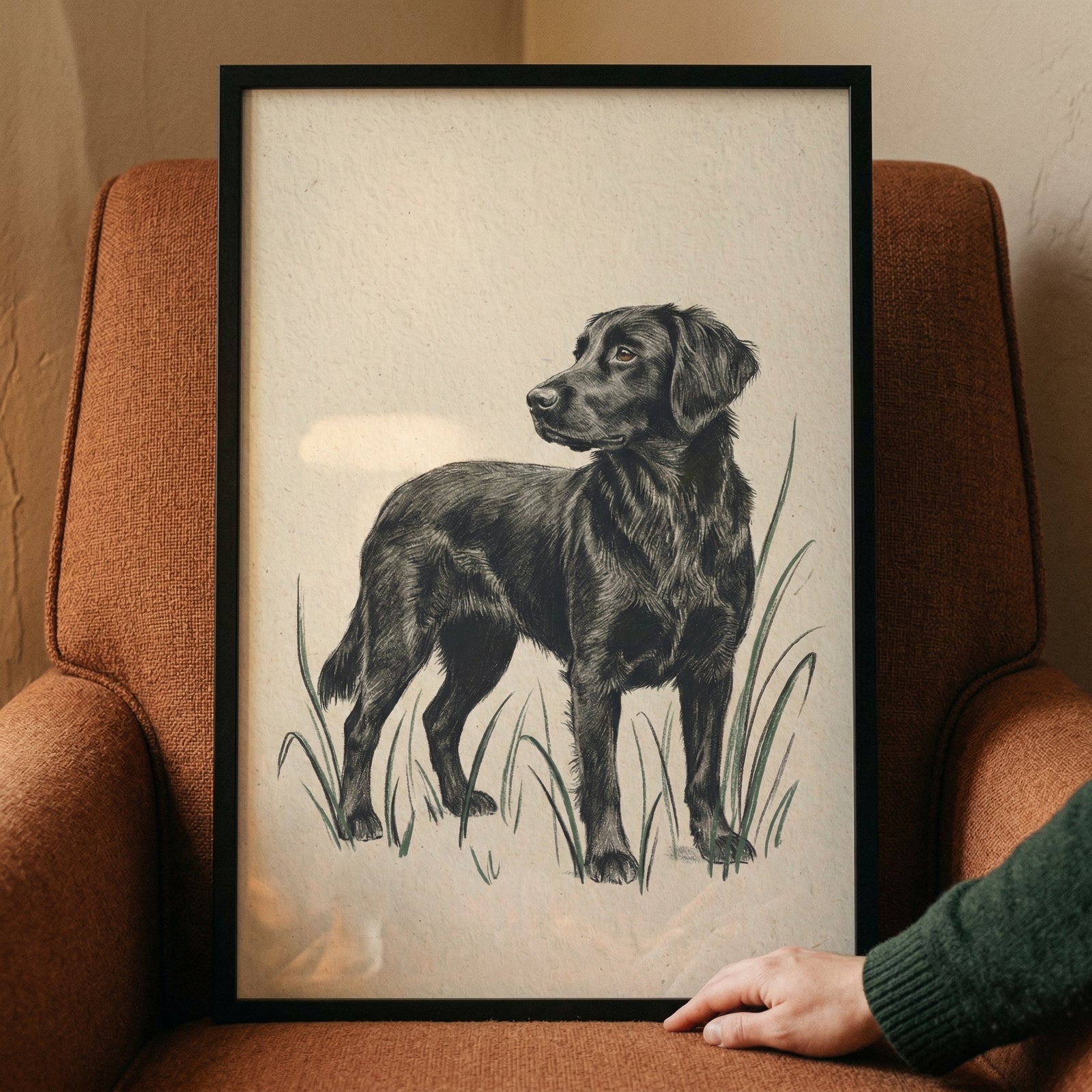 A framed black-and-white illustration of a dog is positioned on a textured, rust-colored armchair. The artwork depicts a medium-sized dog with long, dark fur and an athletic build standing amongst tall, slender blades of grass. The piece is rendered with fine, detailed line work that emphasizes the texture of the dog's coat and its attentive expression as it gazes off to the side. 