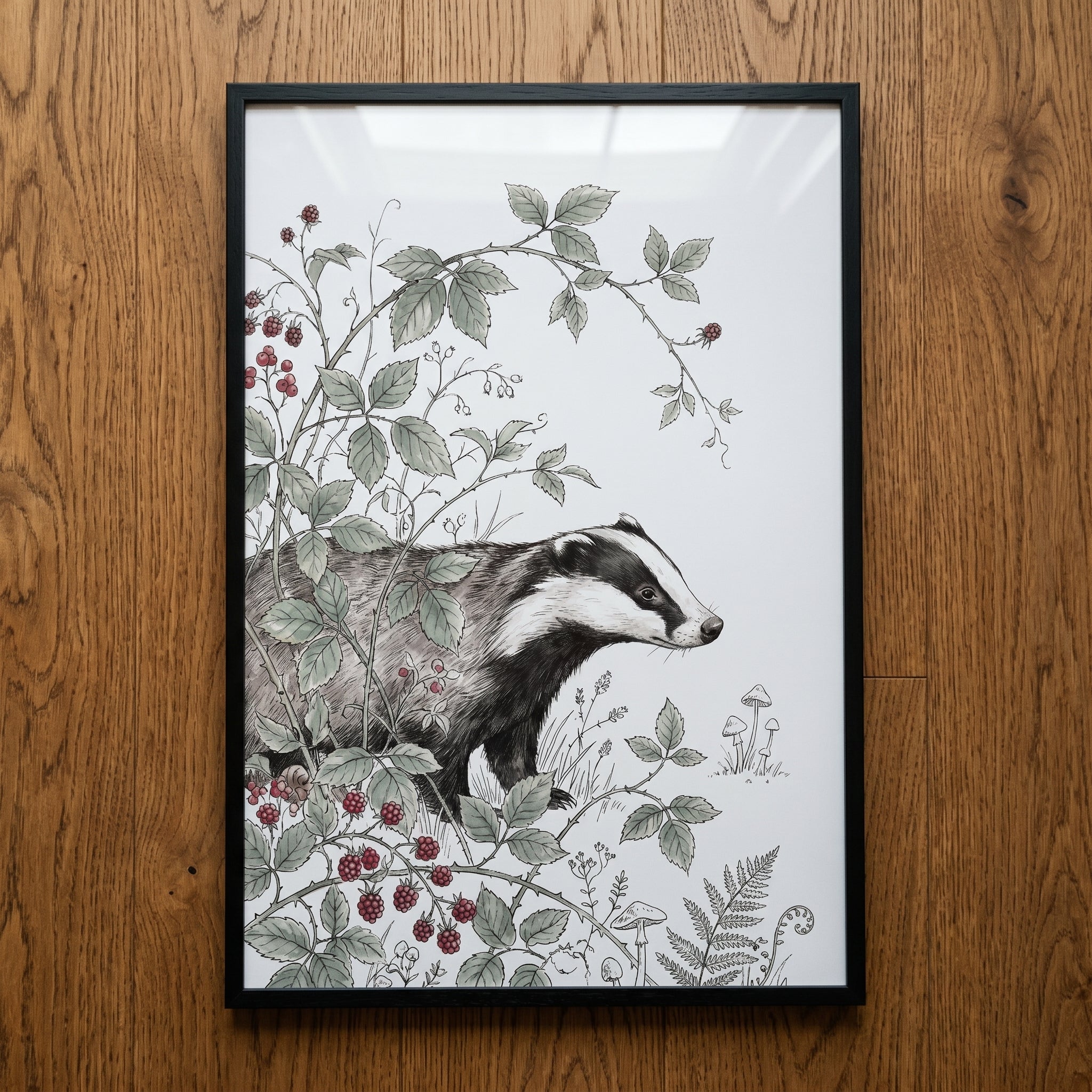 Vintage Ink Blackberry Badger Artwork - Bramble Patch Badger