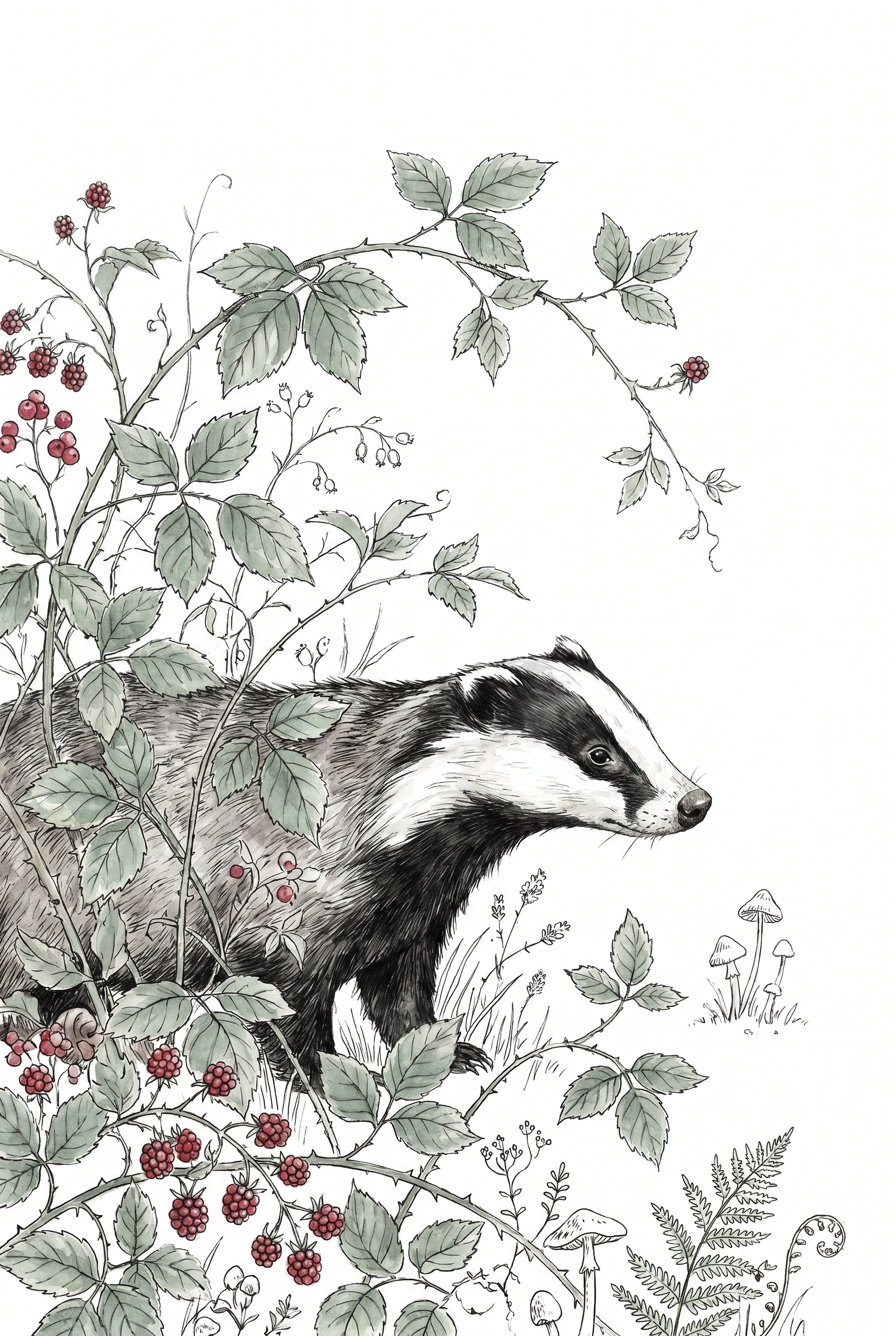 Vintage Ink Blackberry Badger Artwork - Bramble Patch Badger