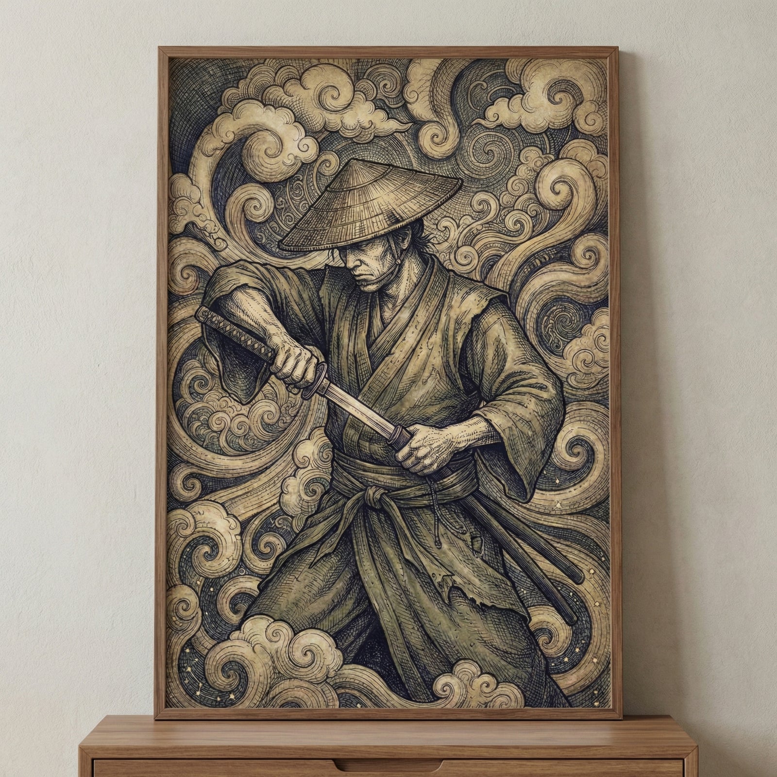 Framed illustration of a ronin-style samurai wearing a straw hat and traditional robes, drawing his sword with focused intensity. The sepia-toned background is filled with swirling clouds and cosmic elements, blending ancient warrior symbolism with a sense of mystical energy.
