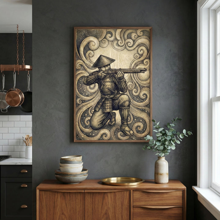 Stylish interior featuring a wooden sideboard with ceramic bowls, a gold tray, and a vase of greenery, set against a dark textured wall. Above it hangs a framed artwork of a warrior in traditional armor aiming a matchlock rifle, with swirling, star-filled patterns in sepia tones creating a bold and mystical focal point.
