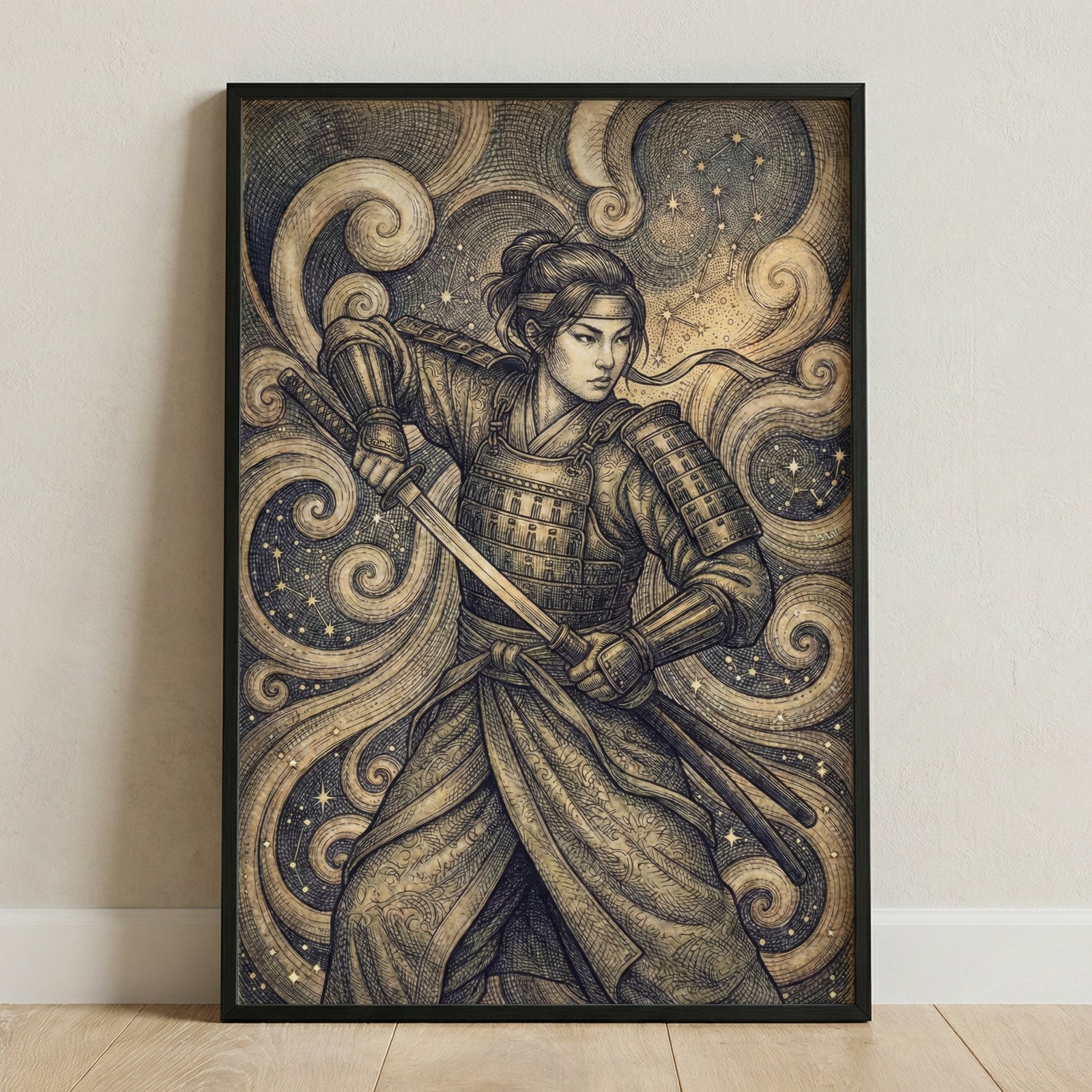 Framed artwork of a female warrior in detailed traditional armor, poised with a drawn sword and a focused expression. The swirling sepia-toned background filled with stars and cosmic patterns enhances the scene with a sense of strength, grace, and celestial energy.