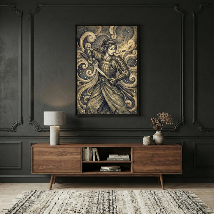 Sophisticated living space with dark paneled walls and a mid-century modern wooden console, styled with neutral ceramics, books, and a textured table lamp. The focal point is a framed artwork of a female samurai in detailed armor drawing her sword, surrounded by swirling sepia-toned cosmic patterns, adding strength and elegance to the room’s refined atmosphere.