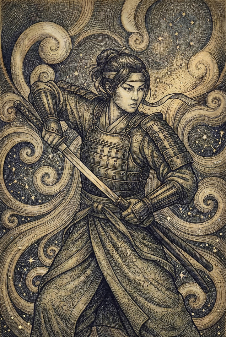 Intricate illustration of a female samurai warrior in ornate traditional armor, drawing her sword with fierce determination. The background features swirling sepia-toned clouds and constellations, creating a powerful blend of celestial energy and martial strength.