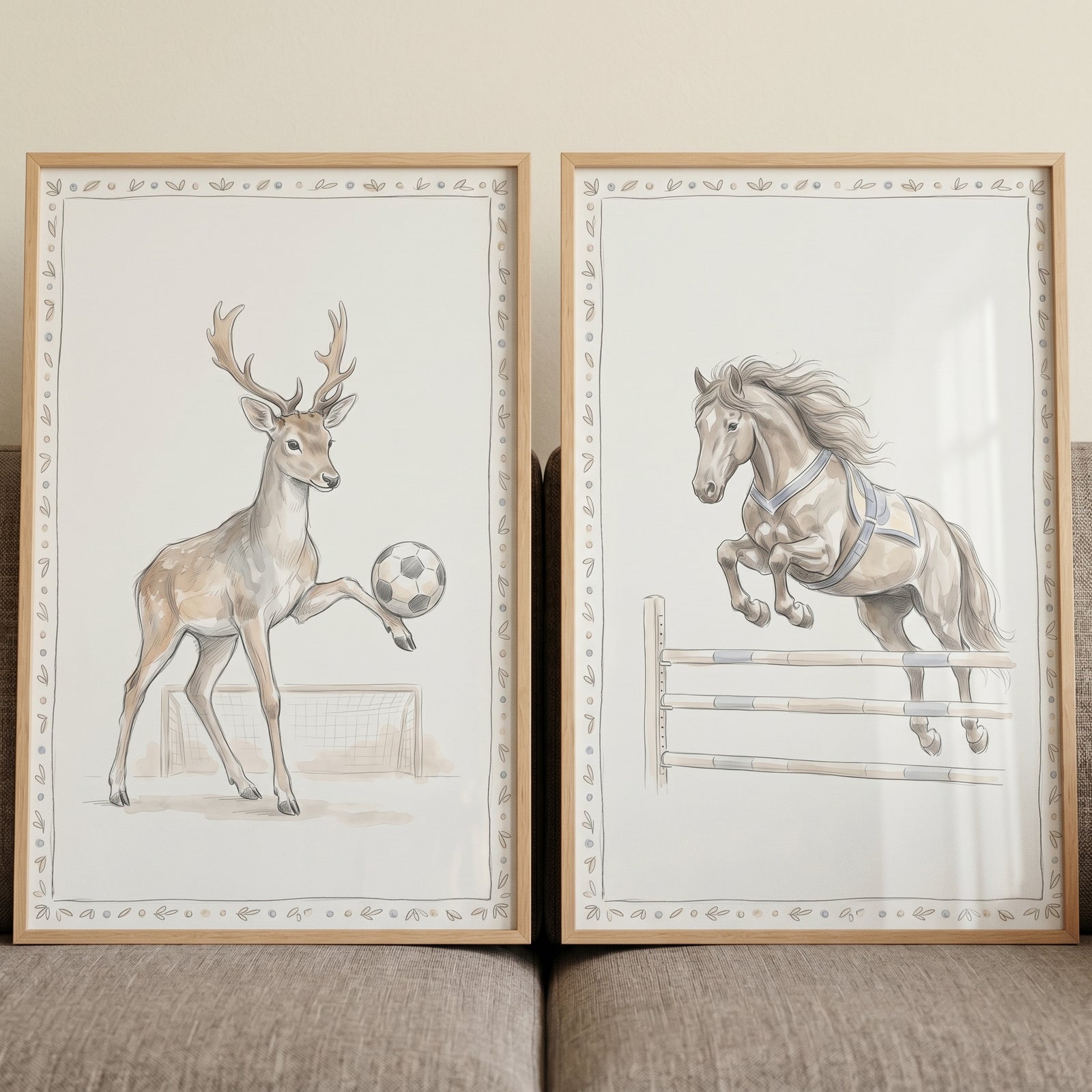 Deer with a soccer ball and a horse jumping a hurdle in a vintage leaf athletic animals wall art set of 2.