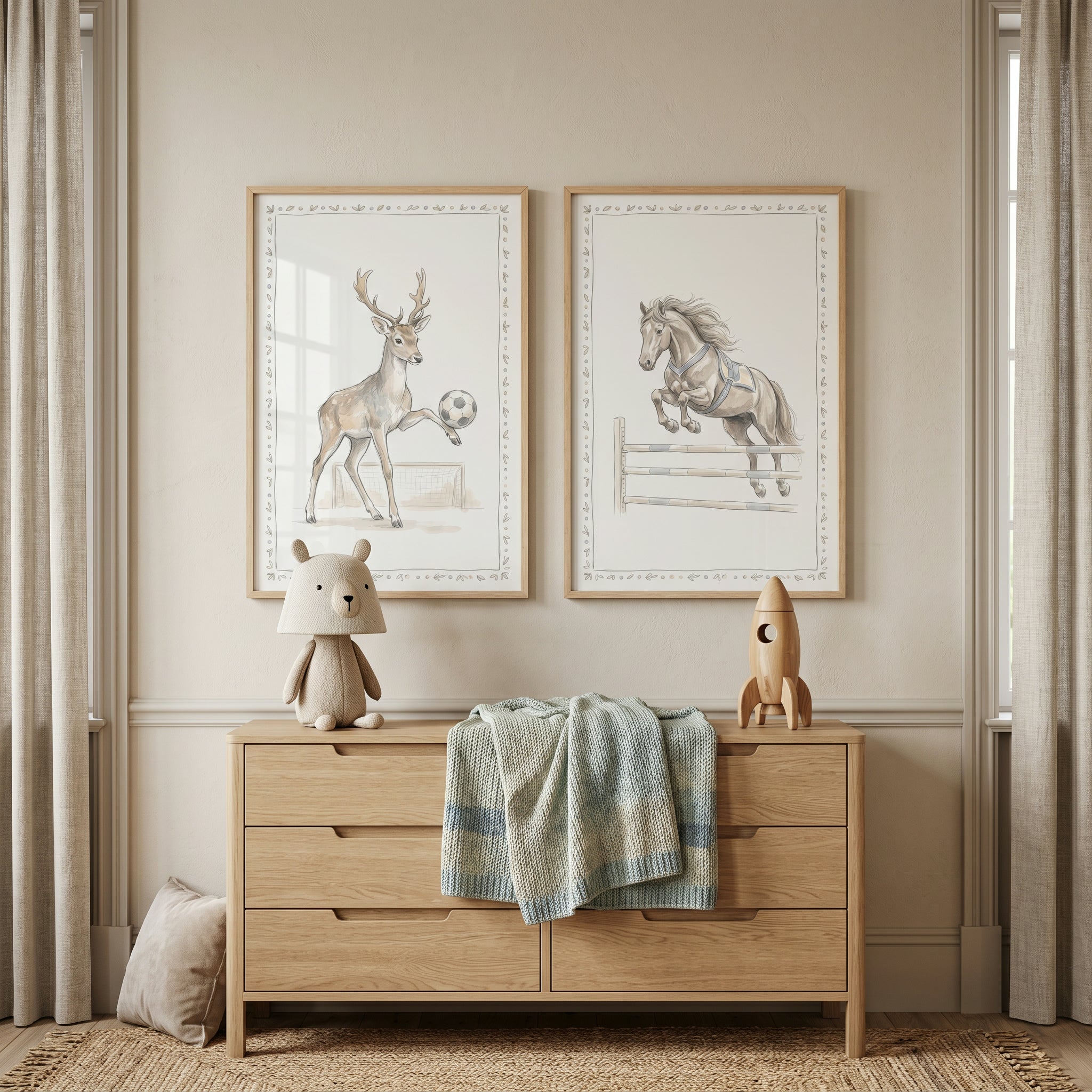 Vintage Leaf Athletic Animals Wall Art Set of 2 - Forest Sports Duo