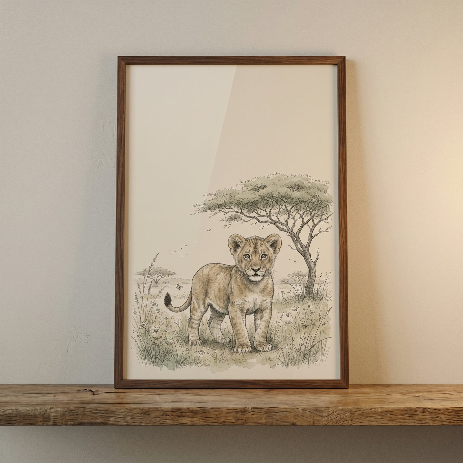 Vintage lion cub wall art in a wood frame shows a sketch of a cub in an African savanna under a large acacia tree.
