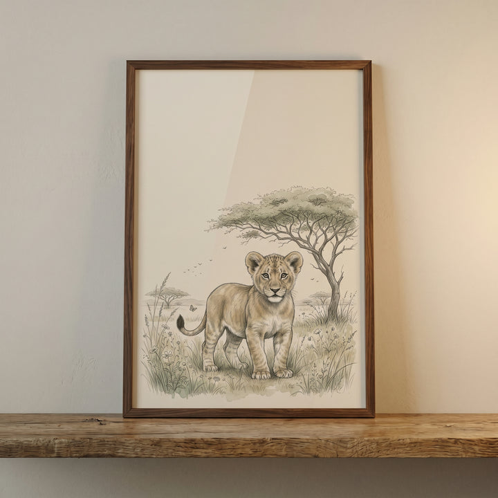 Vintage lion cub wall art in a wood frame shows a sketch of a cub in an African savanna under a large acacia tree.