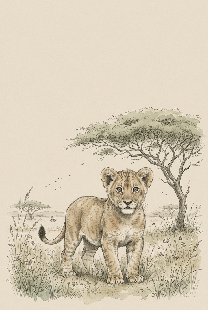 Vintage lion cub wall art of a cub in a savanna with acacia trees, tall grass, and wildflowers on a tan background.