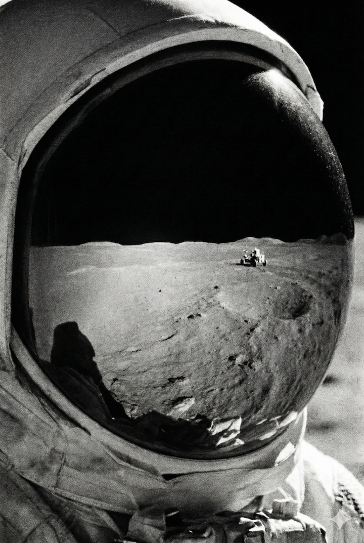 Close up of an astronaut helmet visor reflecting the lunar landscape and a distant rover, with the curved glass capturing a wide view of the terrain. The reflection emphasizes perspective and the vastness of the moon.
