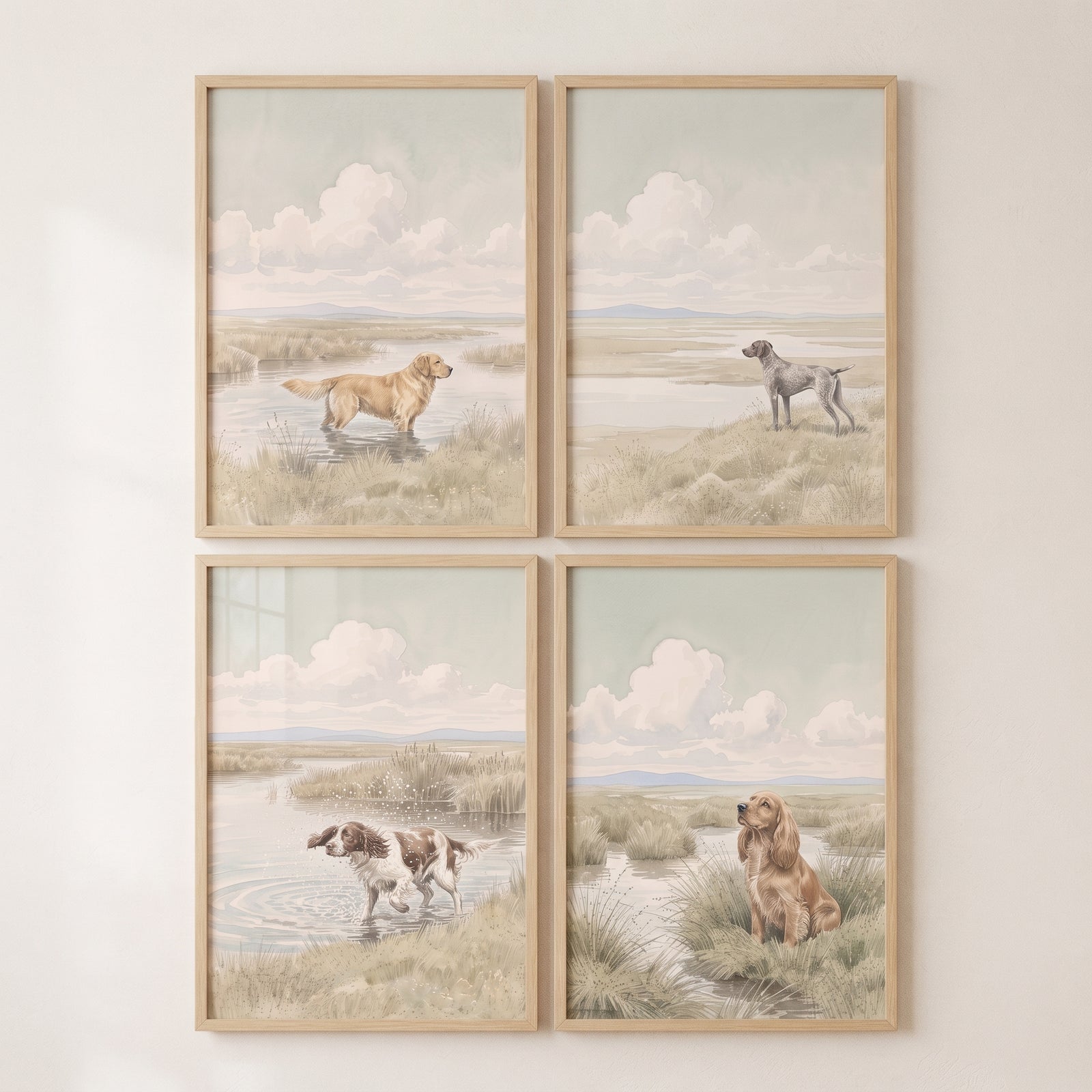 Vintage marsh landscape dog artwork set of 4 featuring dogs in grassy wetlands and calm waters under soft clouds.