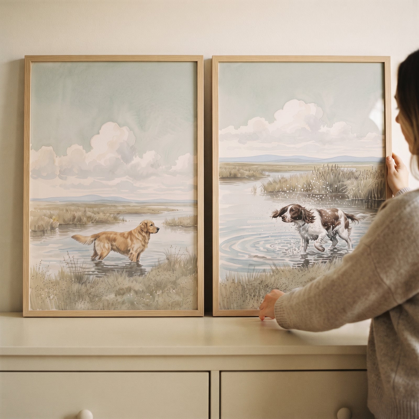 Person adjusts a vintage marshland hunting dog wall art set of 2 featuring a retriever and a spaniel in wetlands.