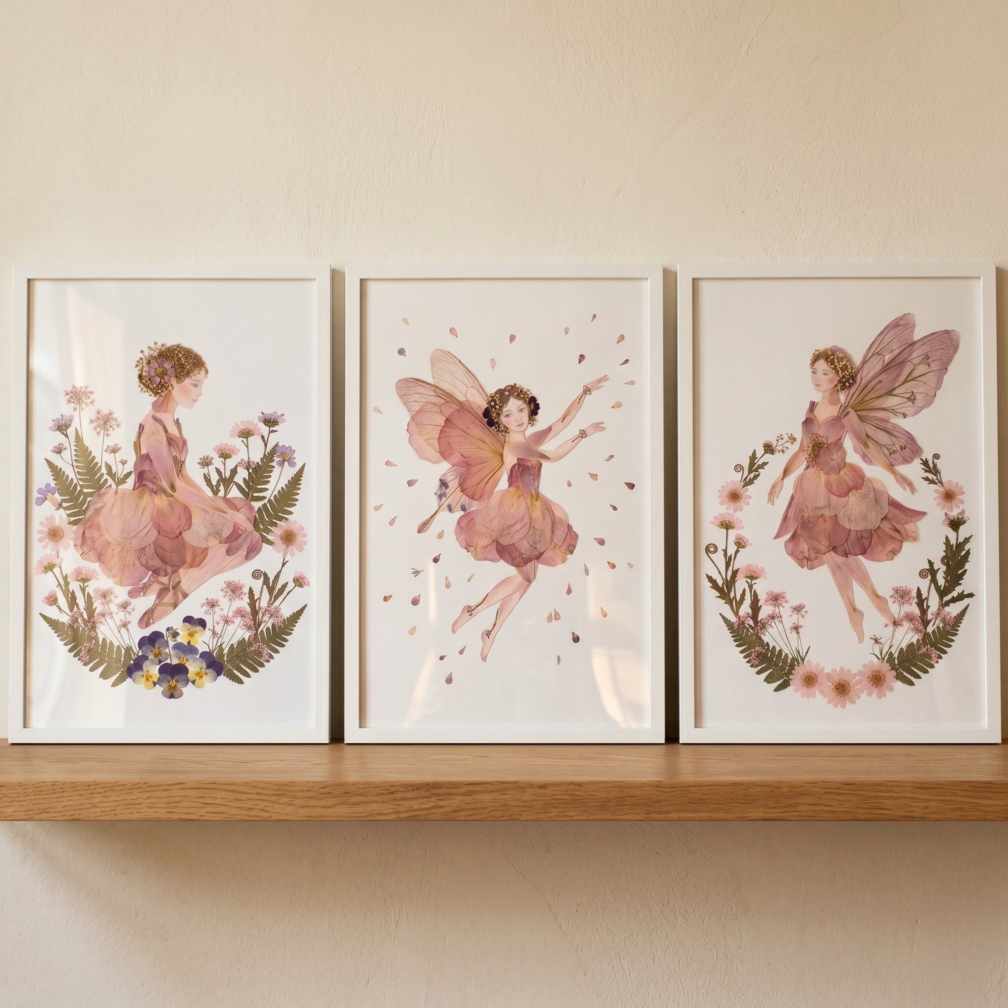 Vintage Mauve Botanical Fairy Wall Art Set of 3 - Enchanted Botanical Trio