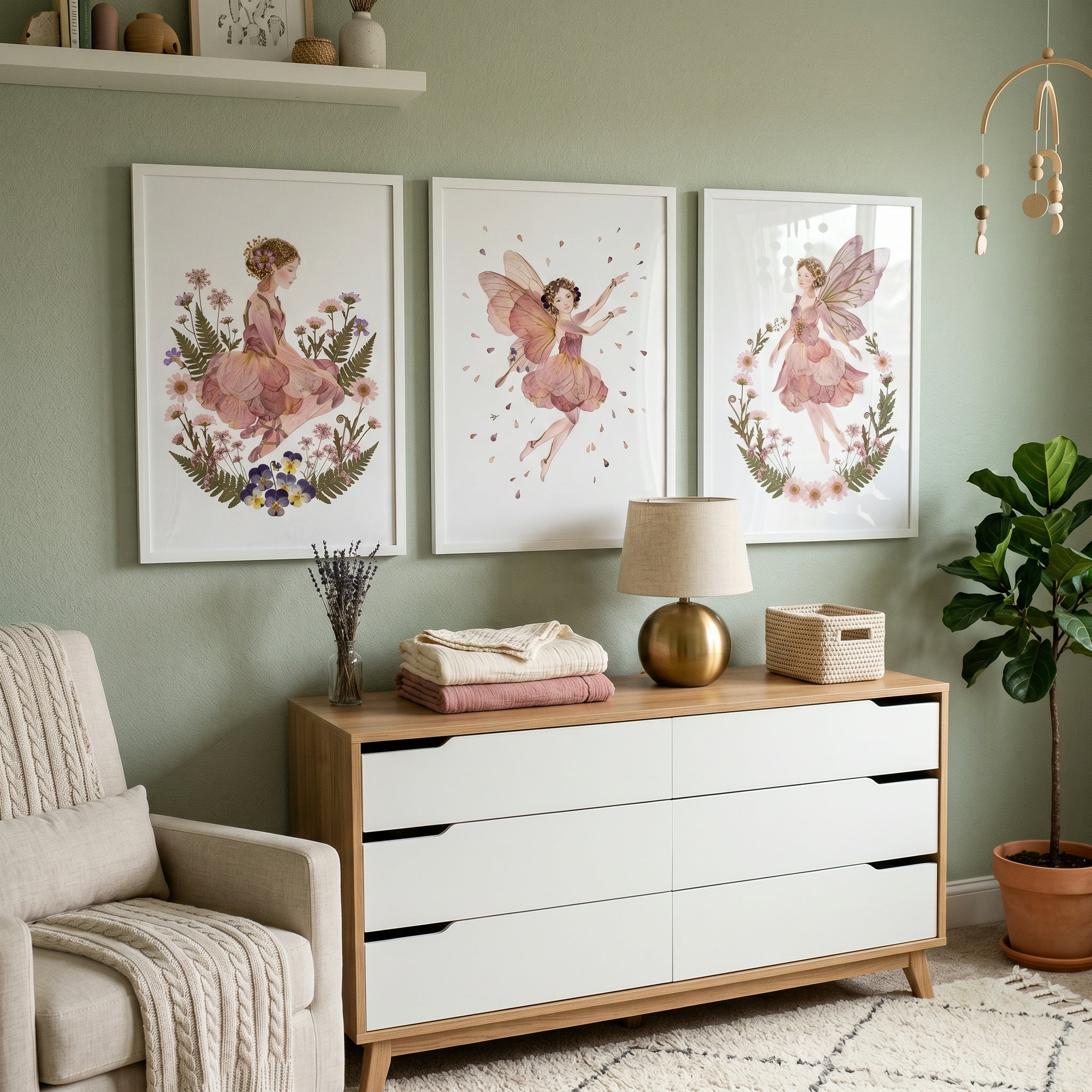 Vintage Mauve Botanical Fairy Wall Art Set of 3 - Enchanted Botanical Trio