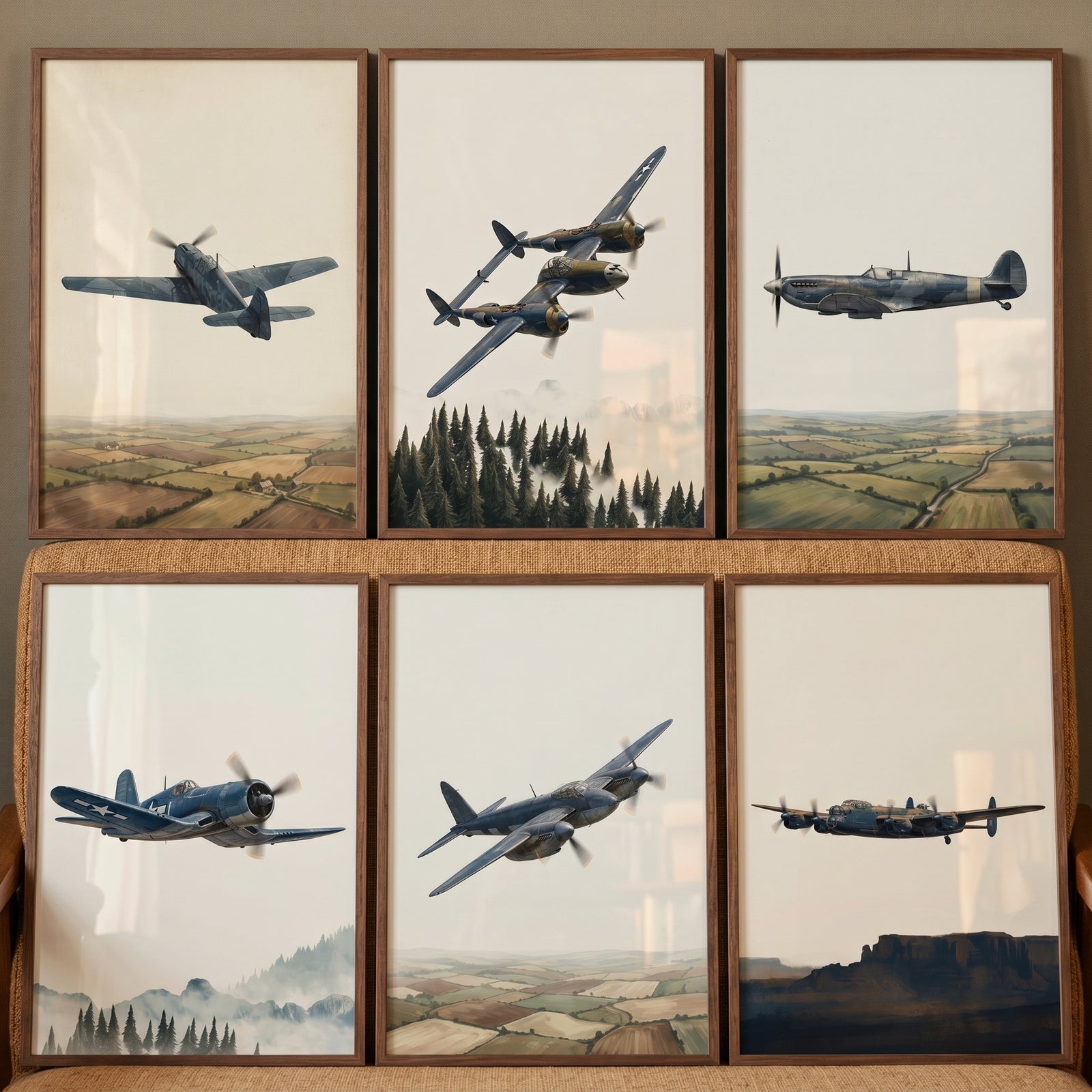 Vintage military propeller airplane wall art set of 6 shows various warplanes flying over rural landscapes in wood frames.