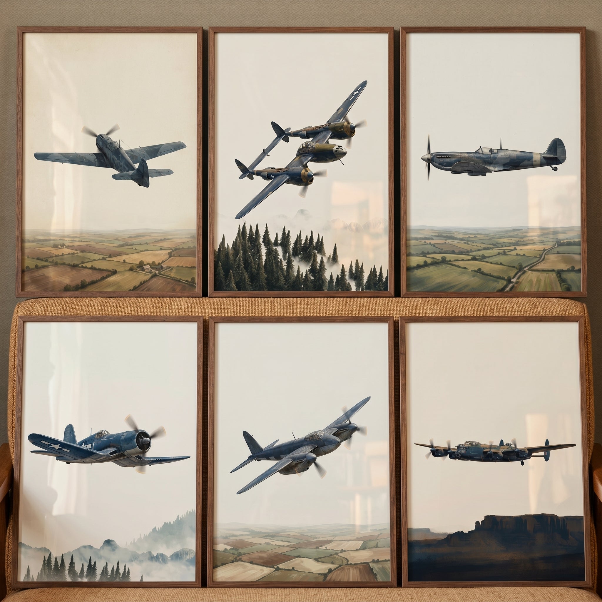 Vintage Military Propeller Airplane Wall Art Set of 6 - Vintage Flight Path