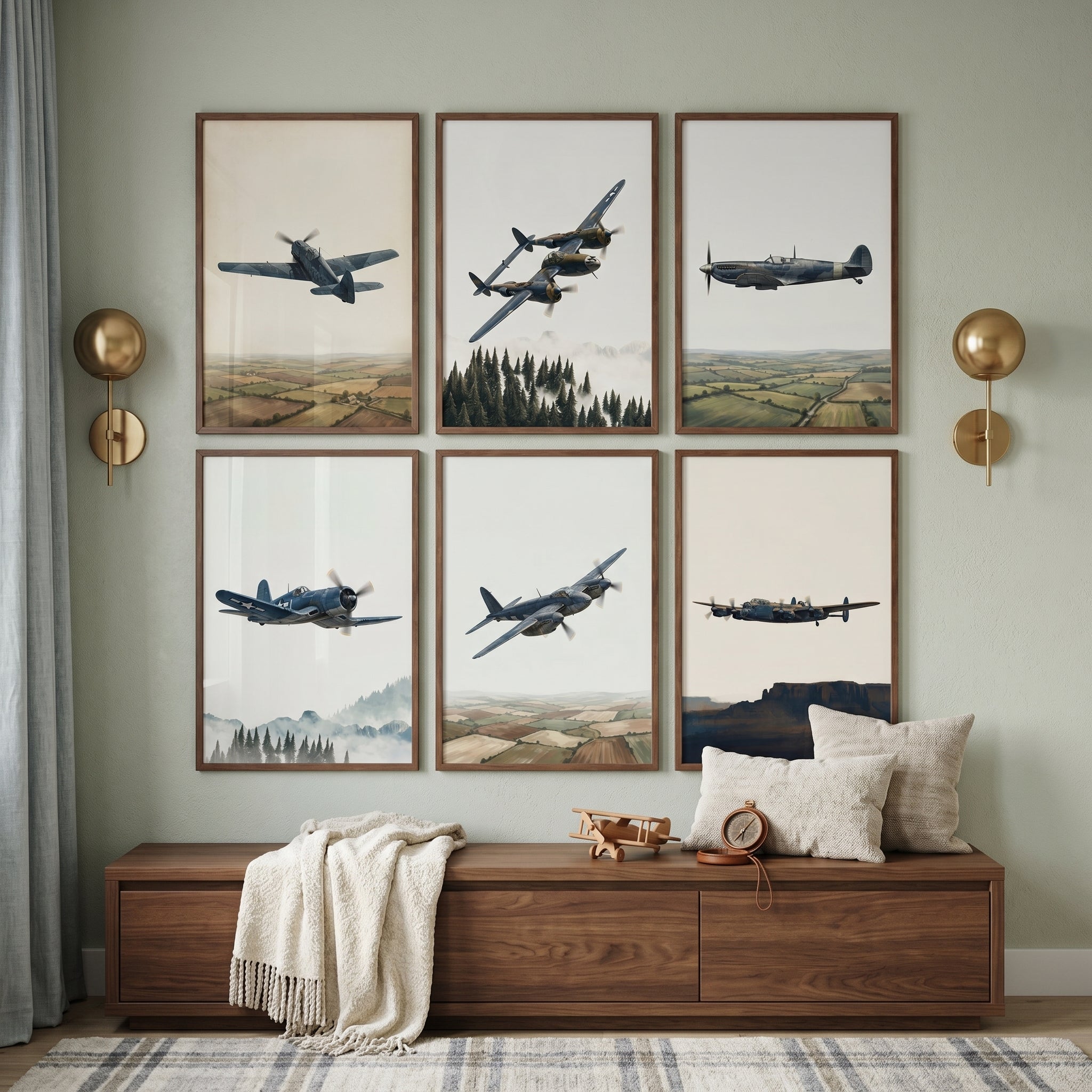 Vintage Military Propeller Airplane Wall Art Set of 6 - Vintage Flight Path