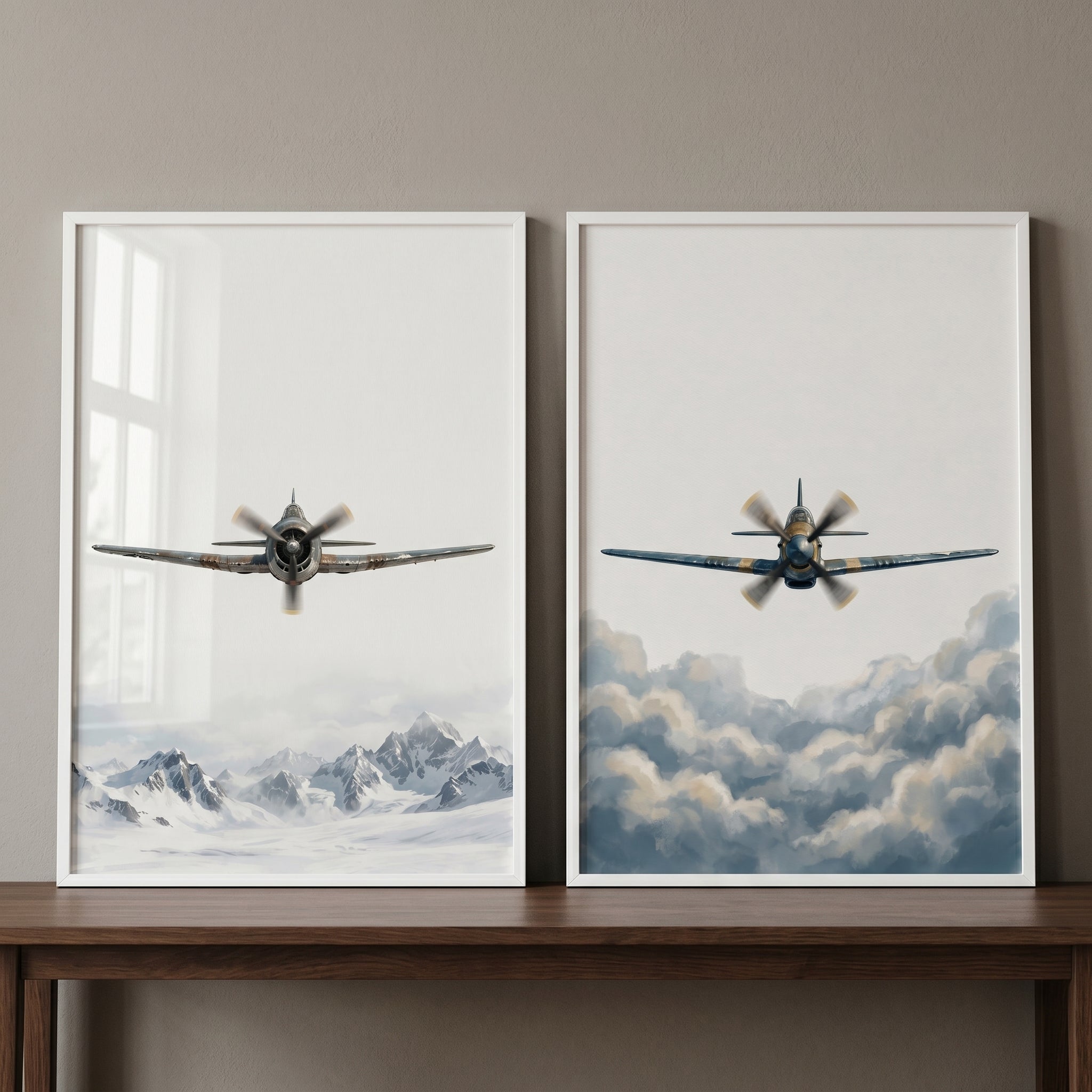 Vintage Military Propeller Plane Wall Art Set of 2 - Above The Peaks