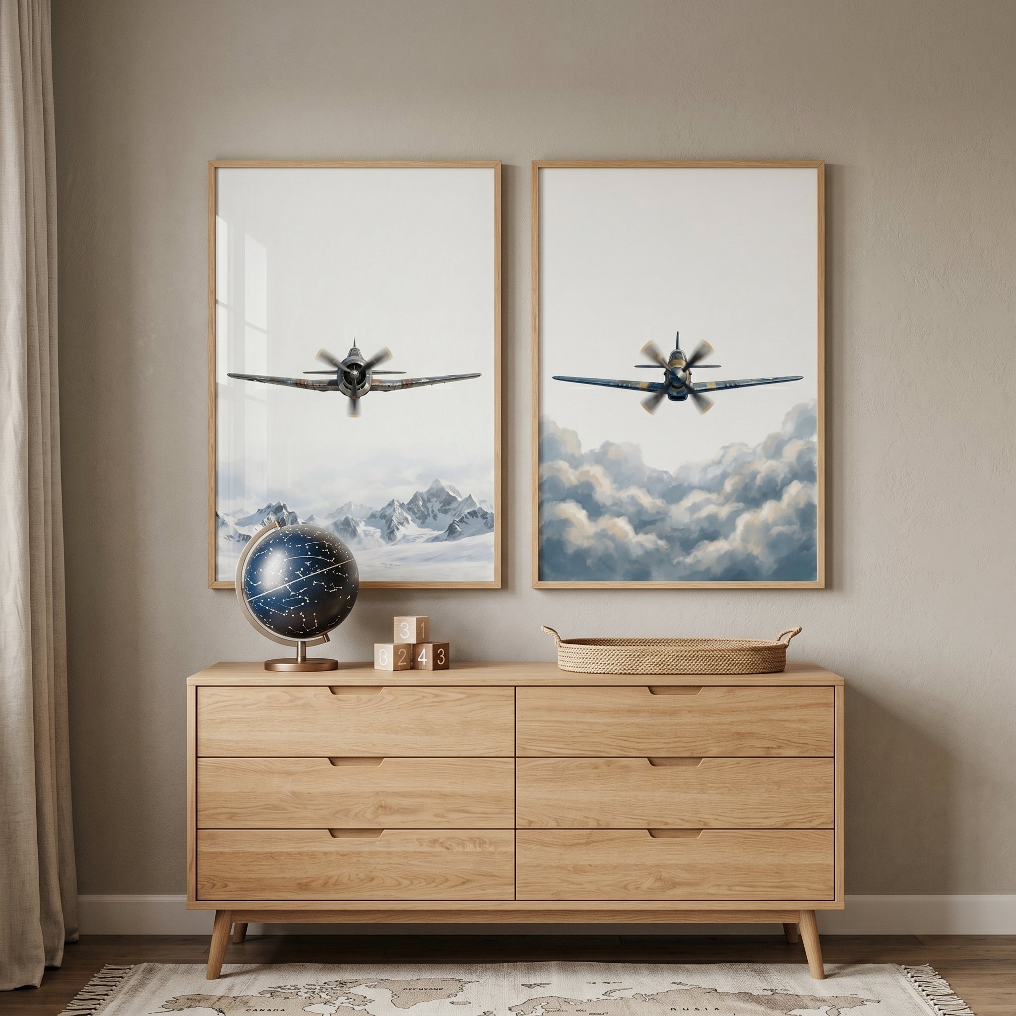 Vintage Military Propeller Plane Wall Art Set of 2 - Above The Peaks
