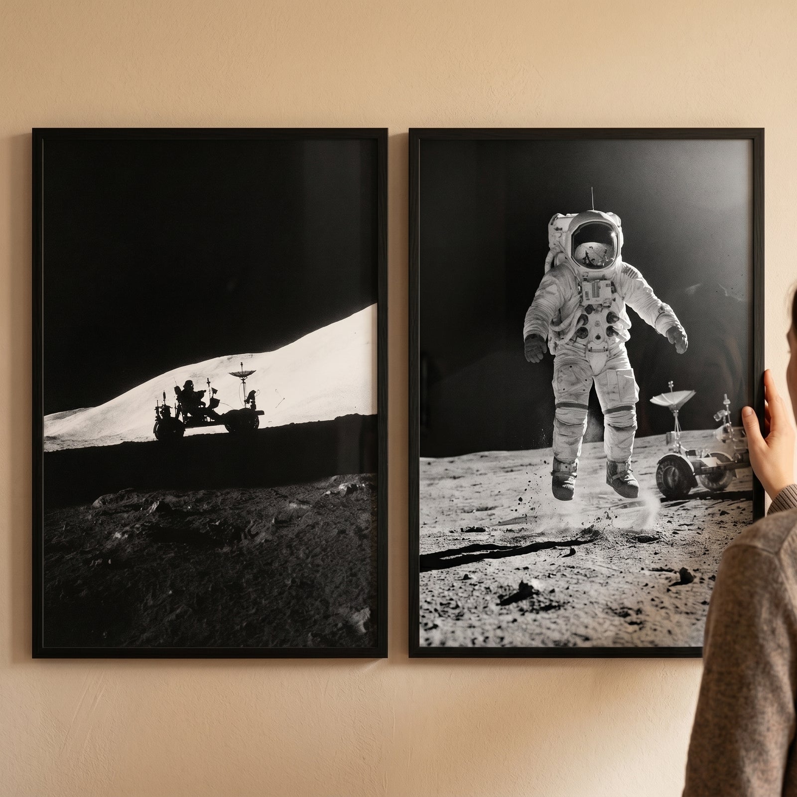 Vintage monochrome lunar rover wall art set of 2 featuring an astronaut jumping and a moon rover scene.
