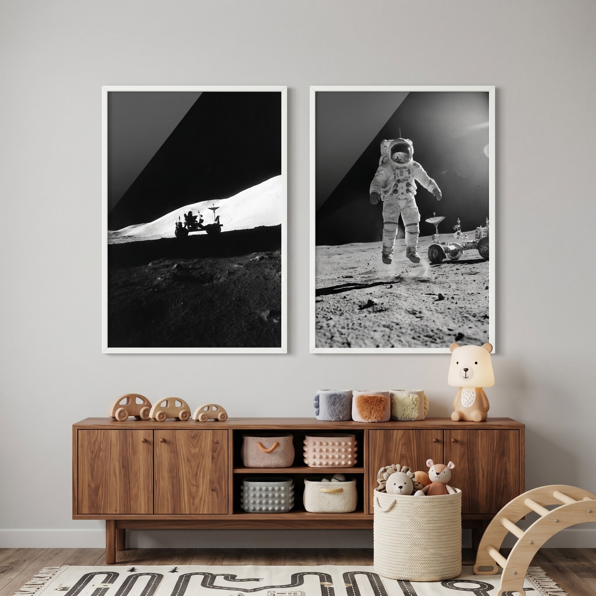 Vintage Monochrome Lunar Rover Wall Art Set of 2 - Lunar Gravity Jump