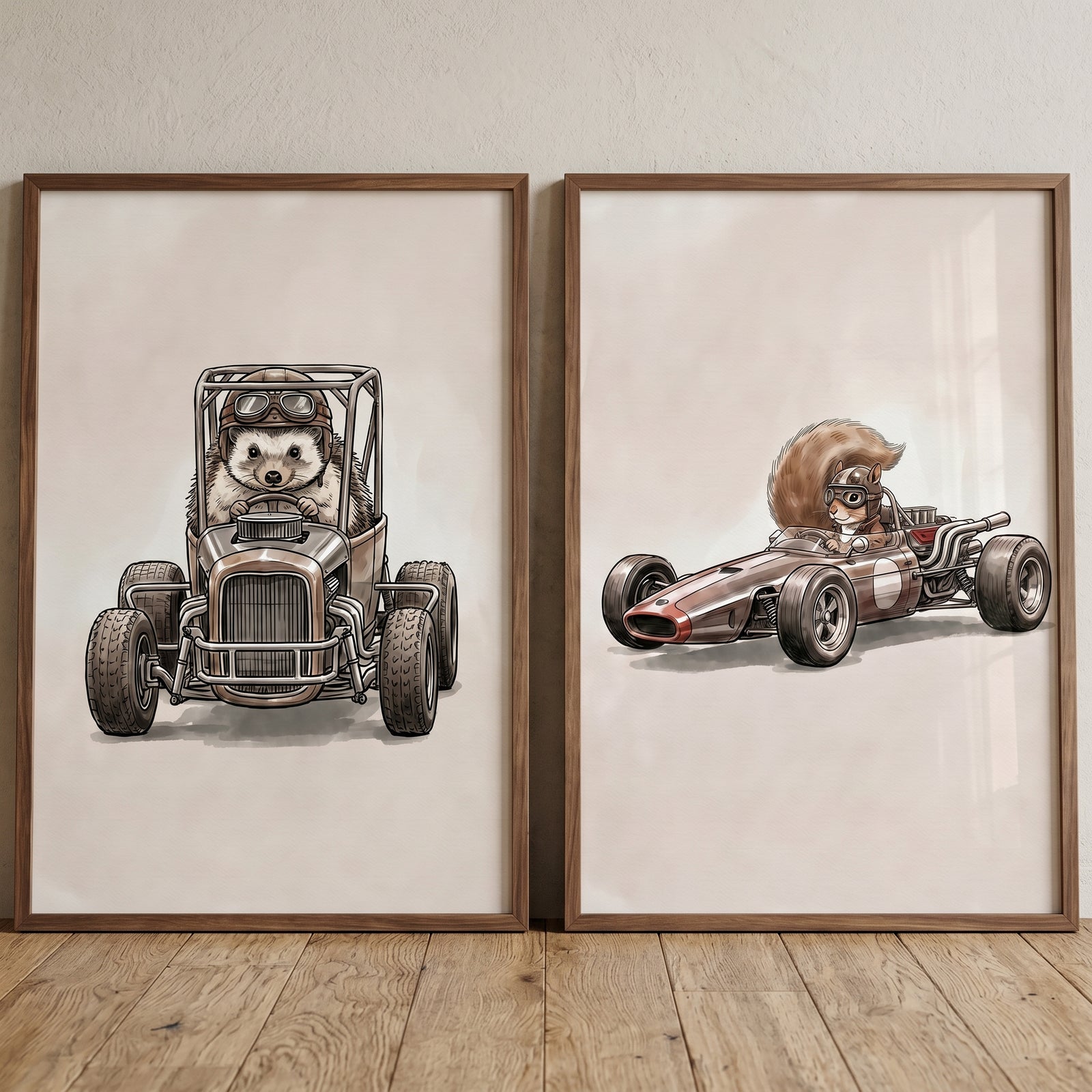 Vintage motor racer animal wall art set of 2 featuring a hedgehog and squirrel wearing goggles in classic race cars.