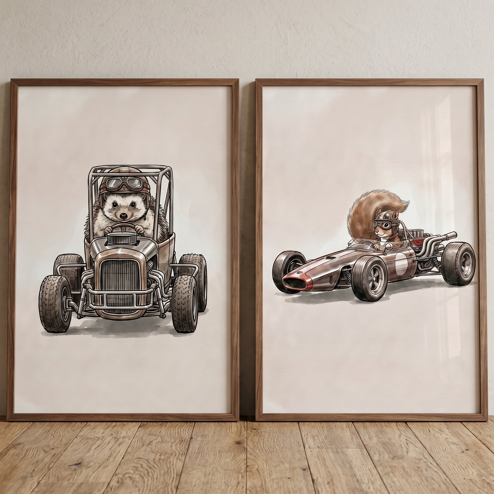 Vintage Motor Racer Animal Wall Art Set of 2 - Tiny Speed Demons